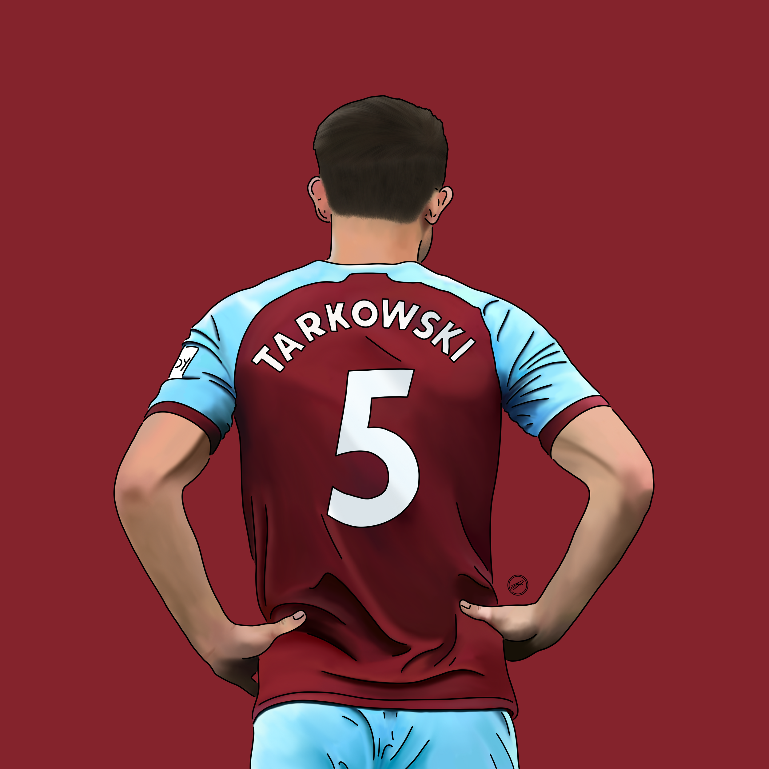 Digital illustration of a soccer player seen from behind, wearing a maroon and light blue jersey with the name 'TARKOWSKI' and the number 5 on it.