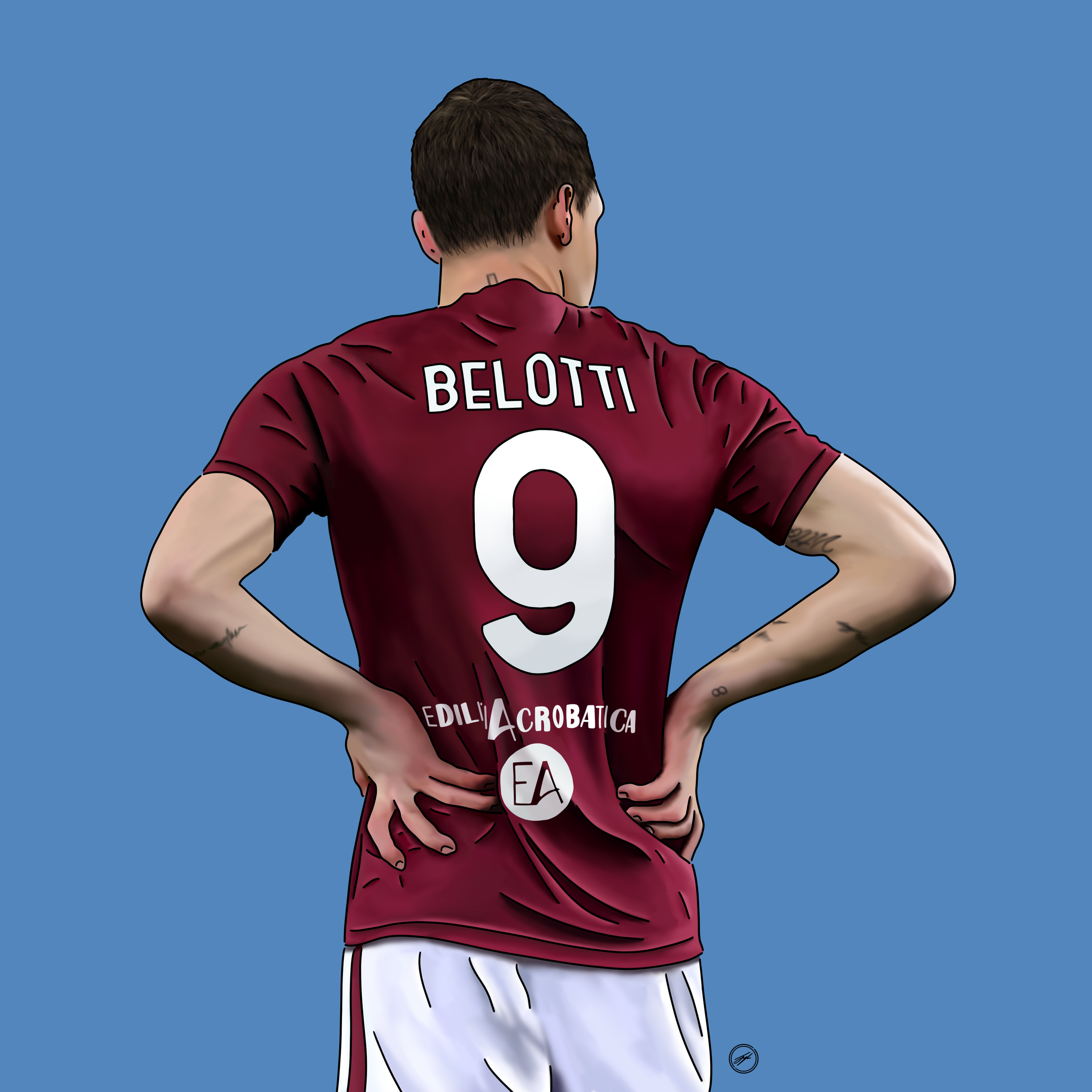 Digital illustration of a soccer player seen from behind, wearing a maroon jersey with number 9, name 'BELOTTI', and various sponsor logos, standing against a plain blue background.