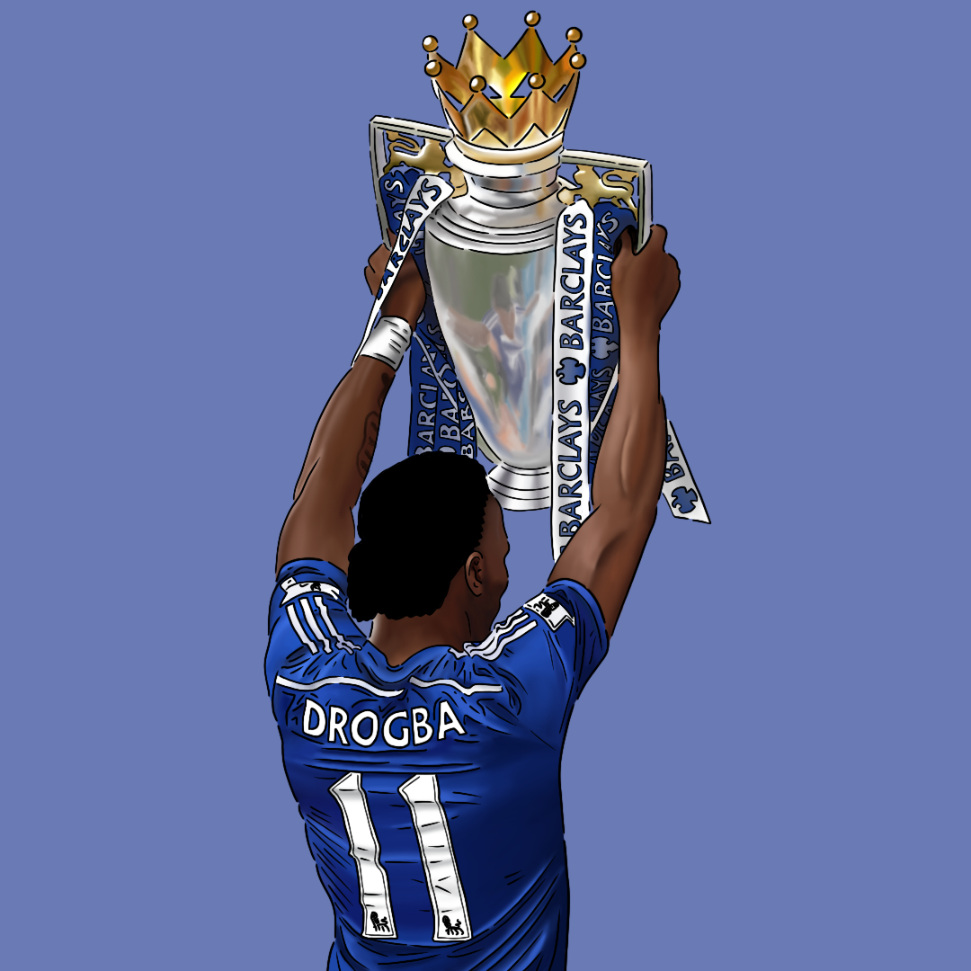A football player wearing a blue jersey with the name DROGBA and number 11, holding a trophy above his head.