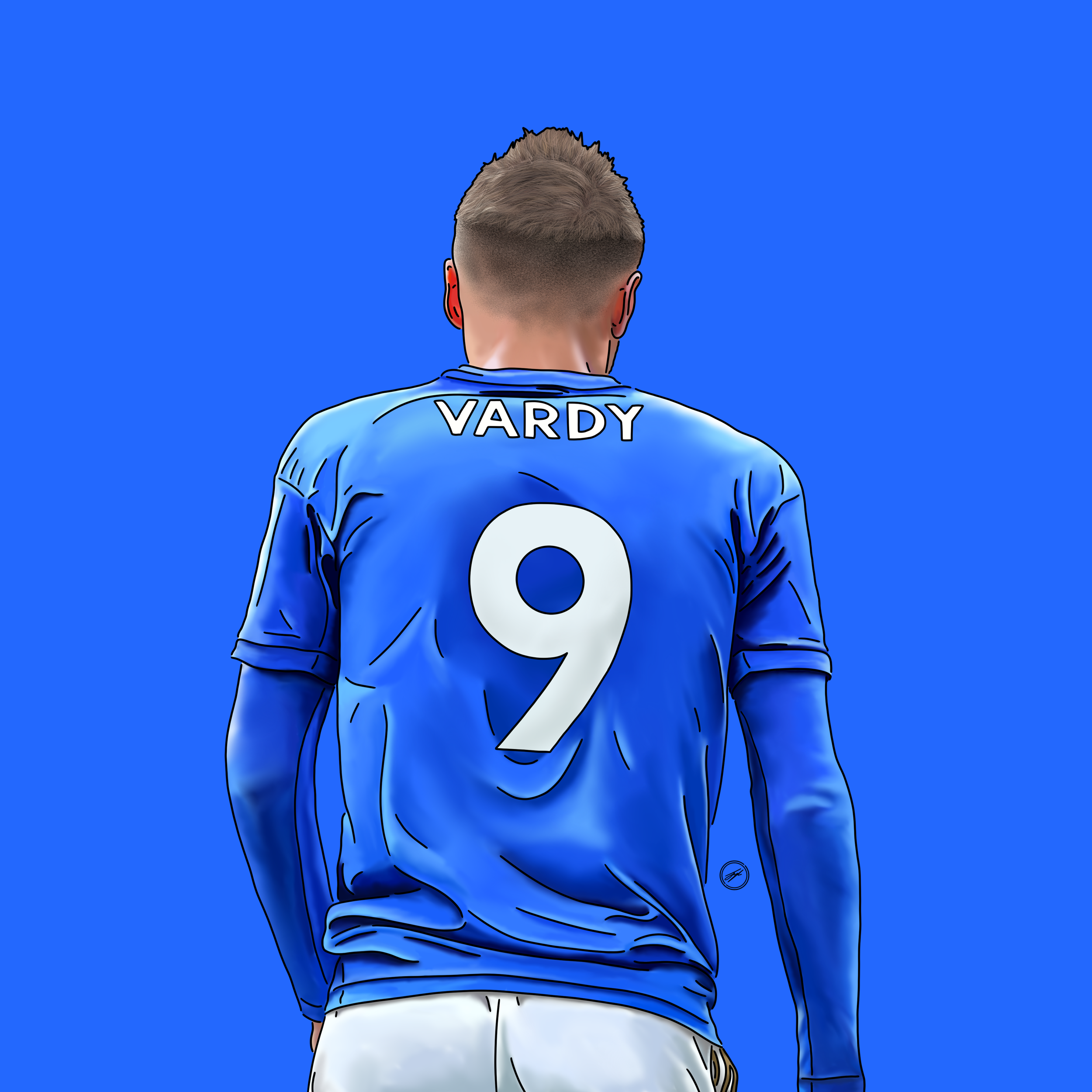 Digital illustration of a male soccer player viewed from the back, wearing a blue jersey with the name 'VARDY' and number '9' on it.