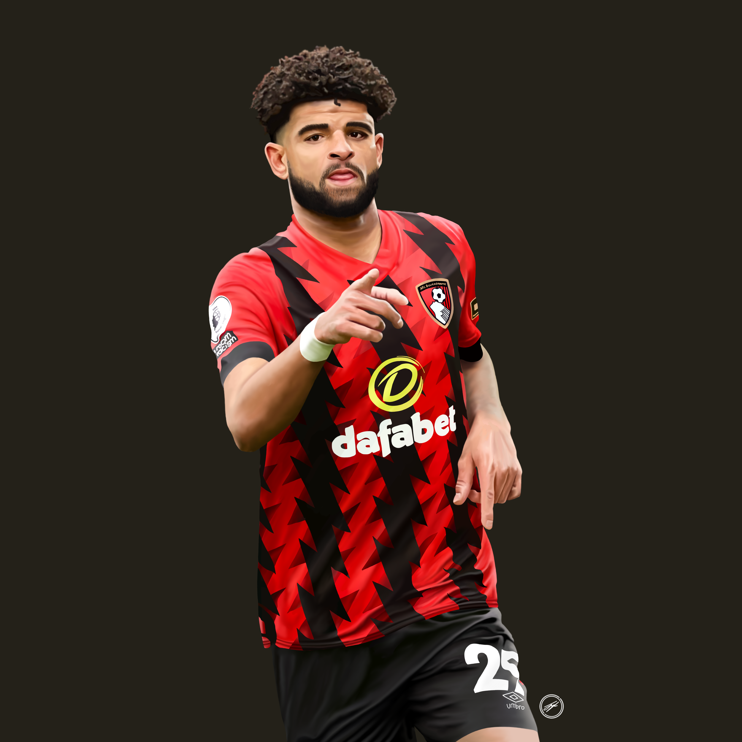 A soccer player in a red and black jersey pointing forward.