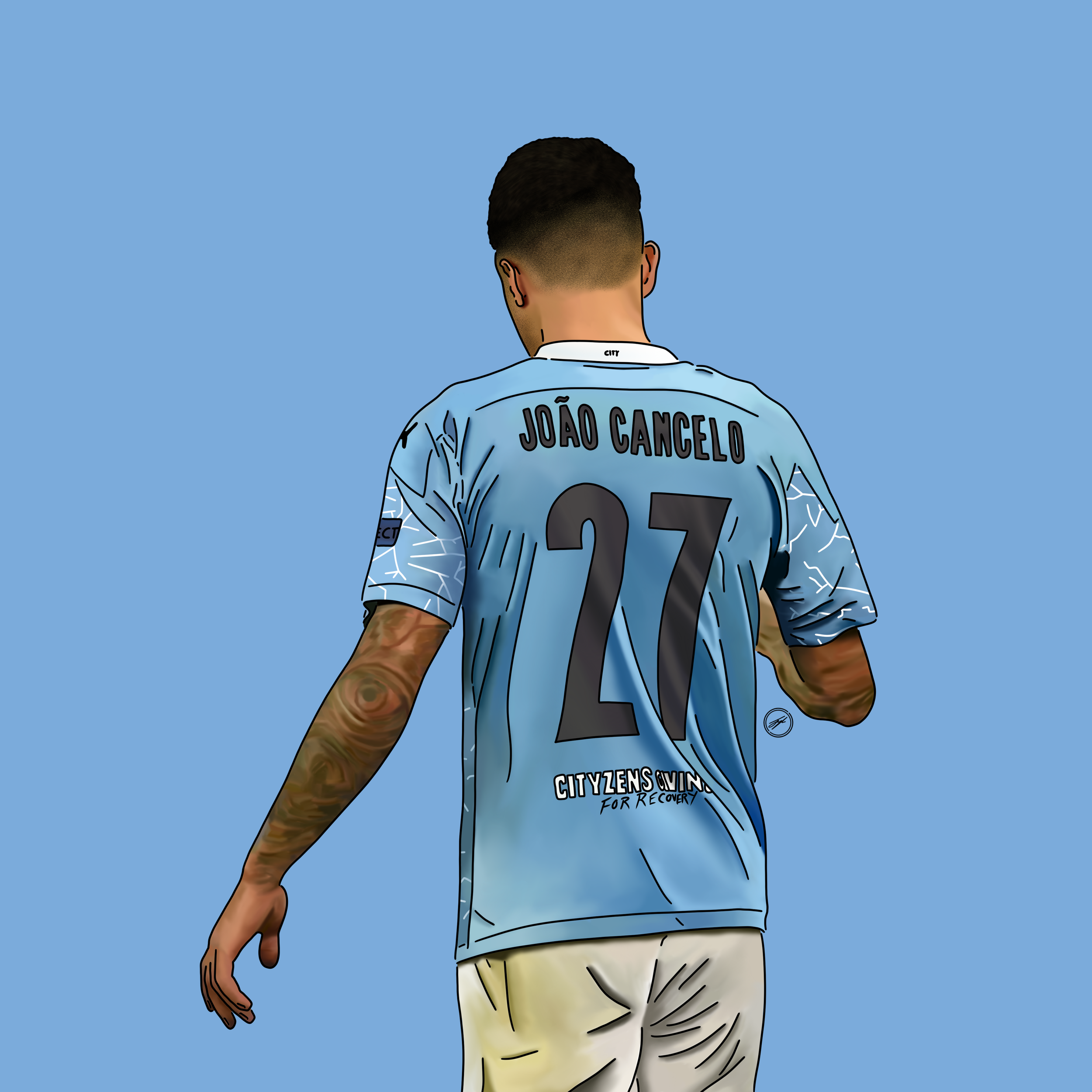 Back view of a soccer player wearing a light blue jersey with the name 'João Cancelo' and the number 27, on a solid blue background.