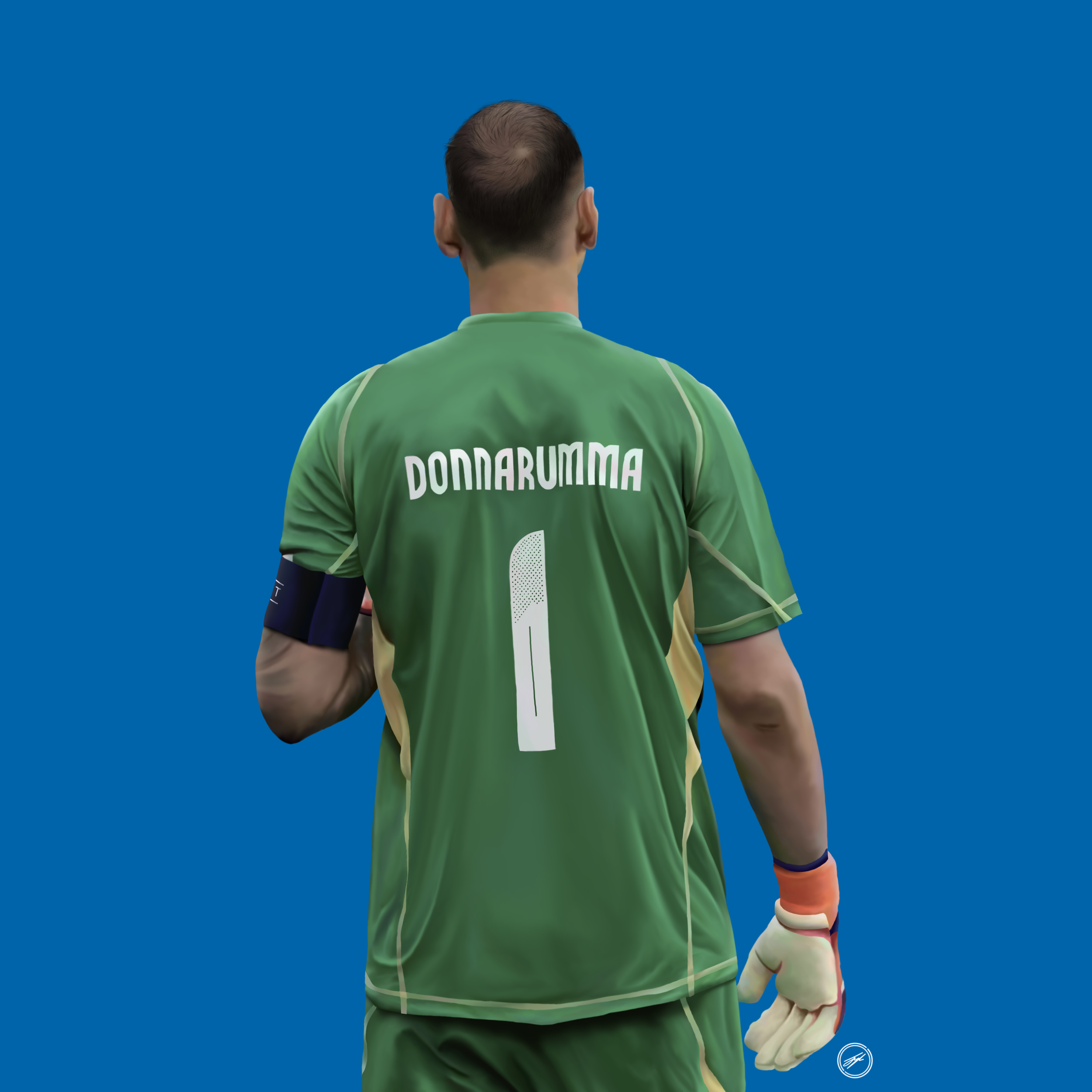 Back view of a soccer goalkeeper wearing a green uniform with the name 'Donnarumma' and the number 1, standing against a blue background.