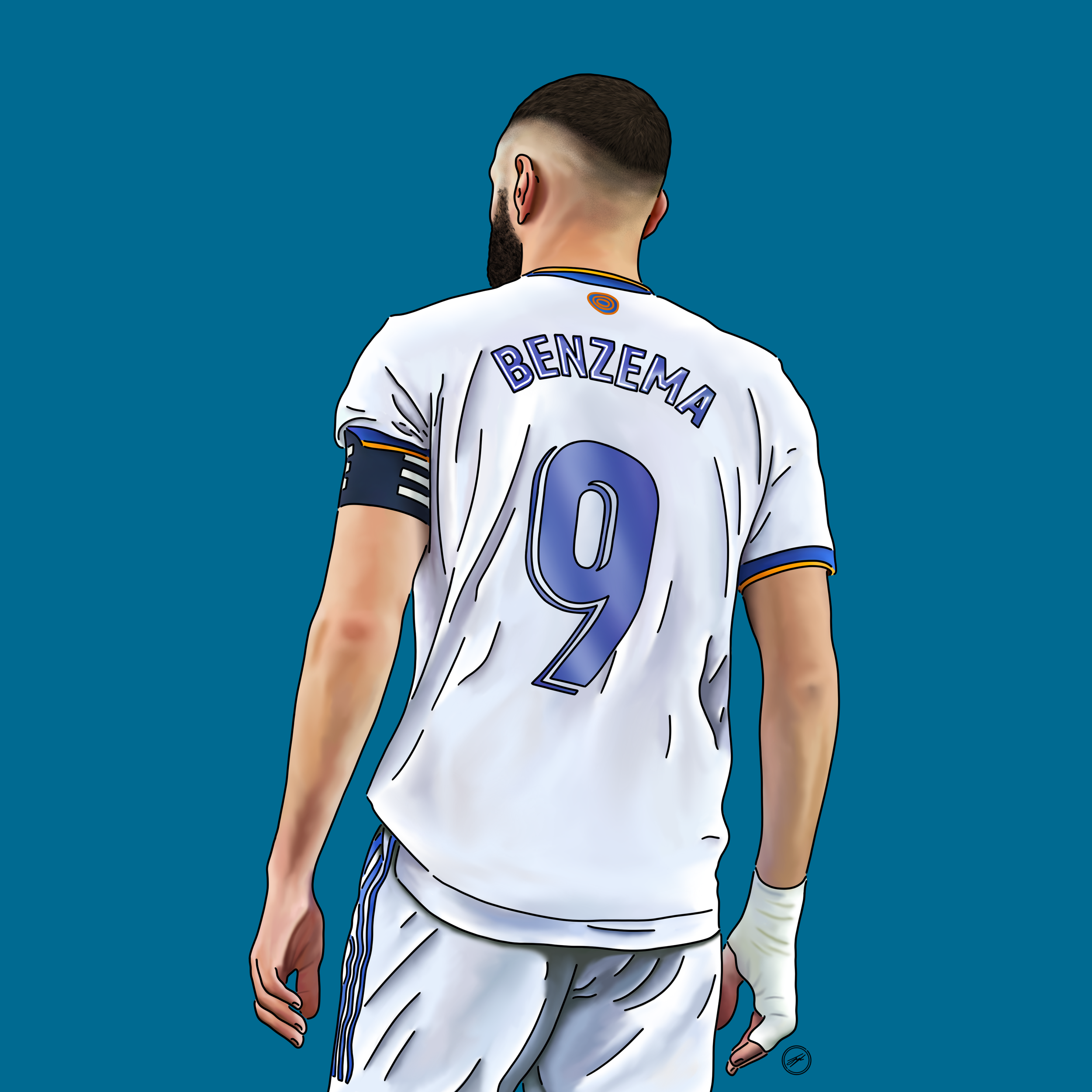 Illustration of a soccer player seen from the back, wearing a white jersey with the name 'Benzema' and the number 9.