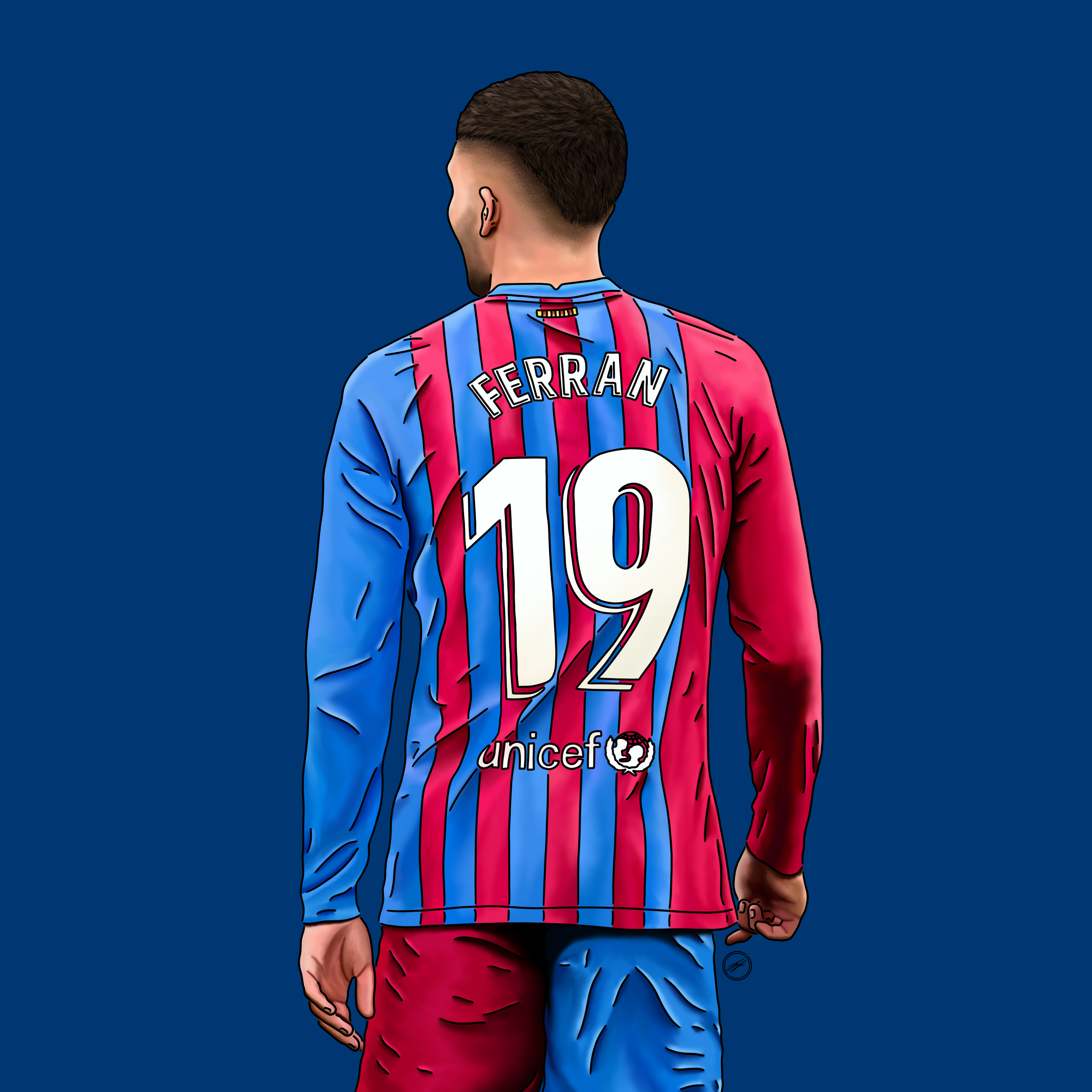 Digital illustration of a soccer player from behind wearing a blue and red striped FC Barcelona jersey with the name 'Ferran' and the number 19, against a plain dark blue background.