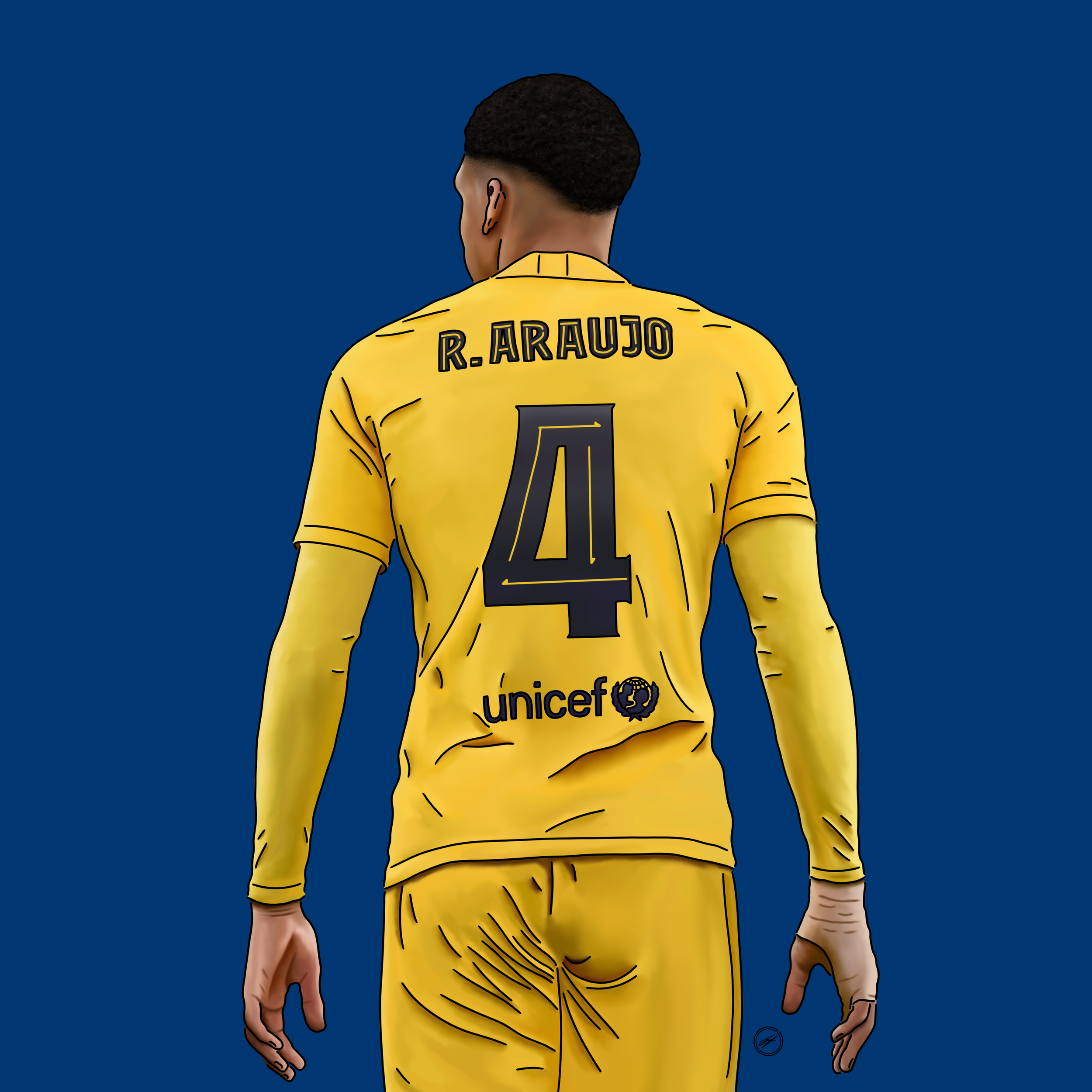 An illustration of a person from the back wearing a yellow sports jersey with the name R. Araujo and the number 4.