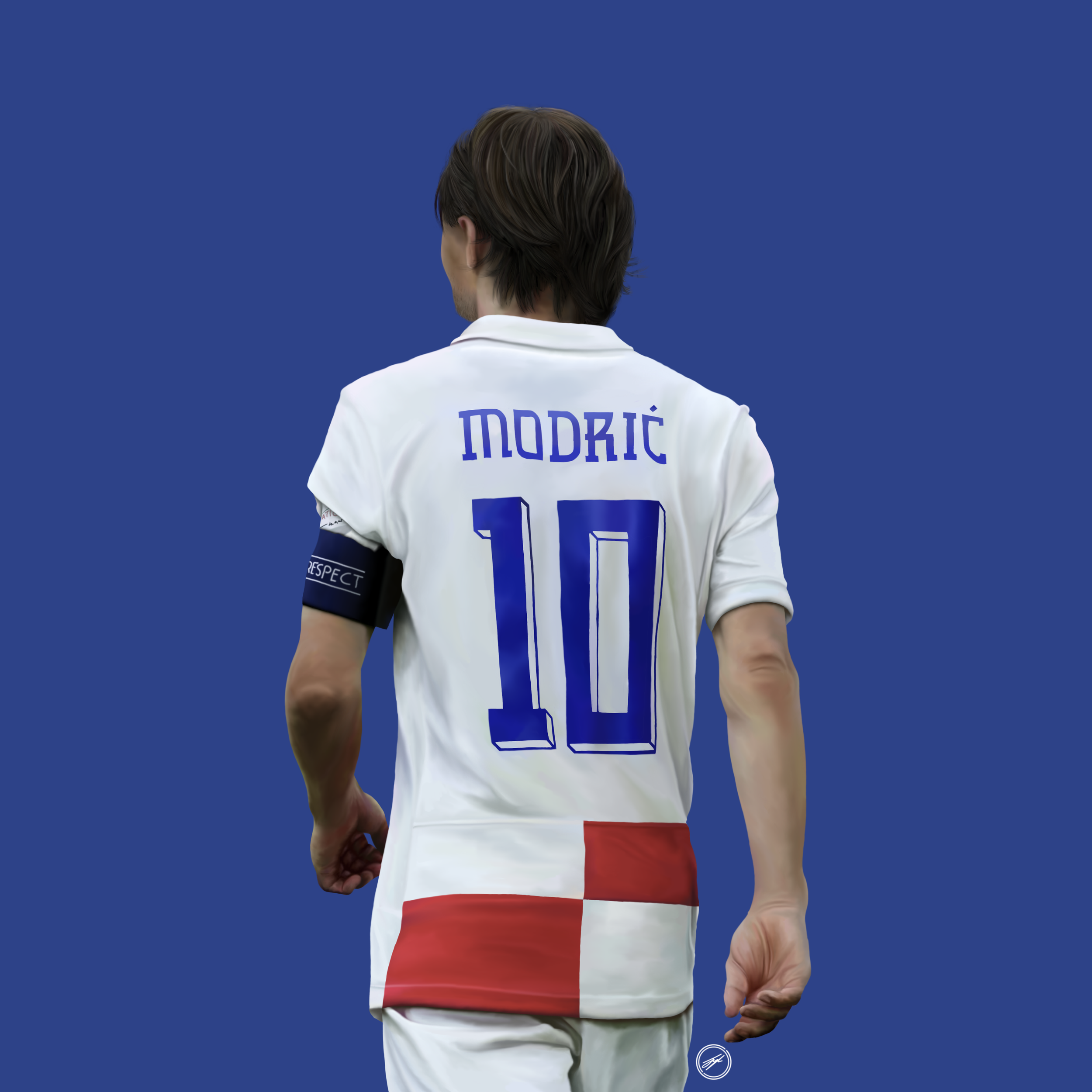 A soccer player with jersey number 10 and the name 'MODRIĆ' on the back, wearing a white uniform with red and blue accents, standing against a solid blue background.