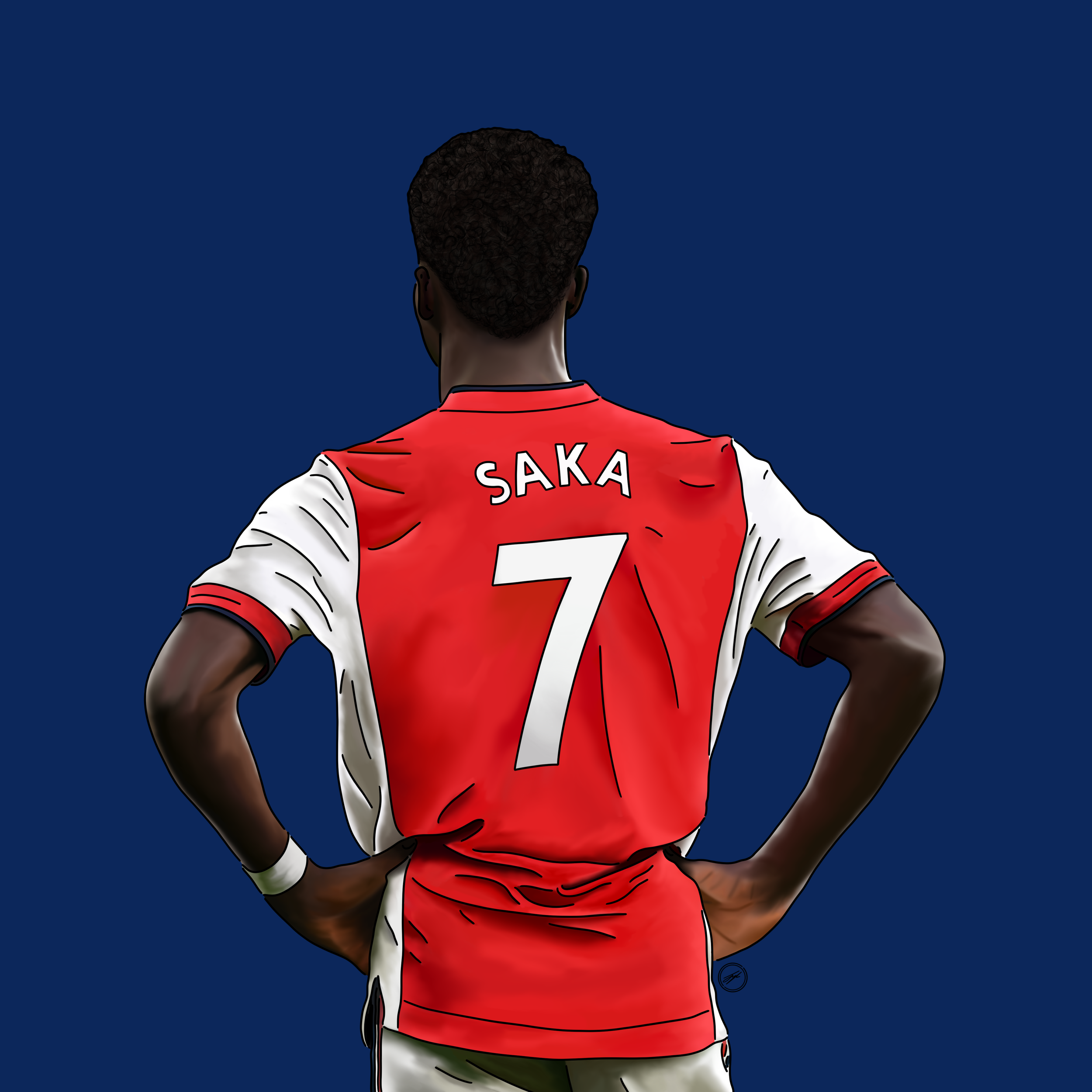 Digital illustration of a soccer player seen from behind, wearing a red and white jersey with the name 'SAKA' and the number 7 on it, standing with hands on hips against a plain blue background.