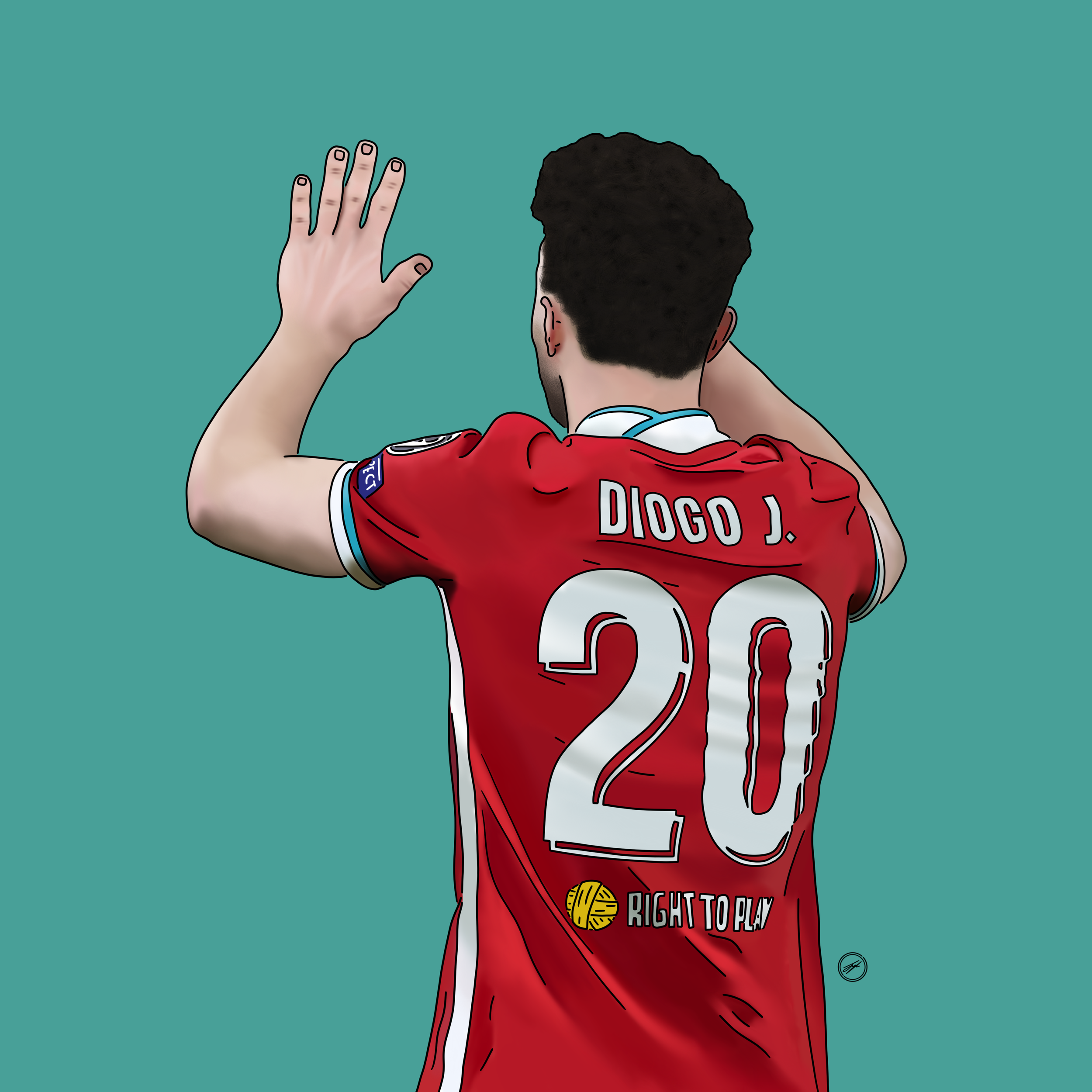 A soccer player wearing a red jersey with the name 'DIOGO J.' and number 20, waving to the crowd with his right hand raised, against a teal background.