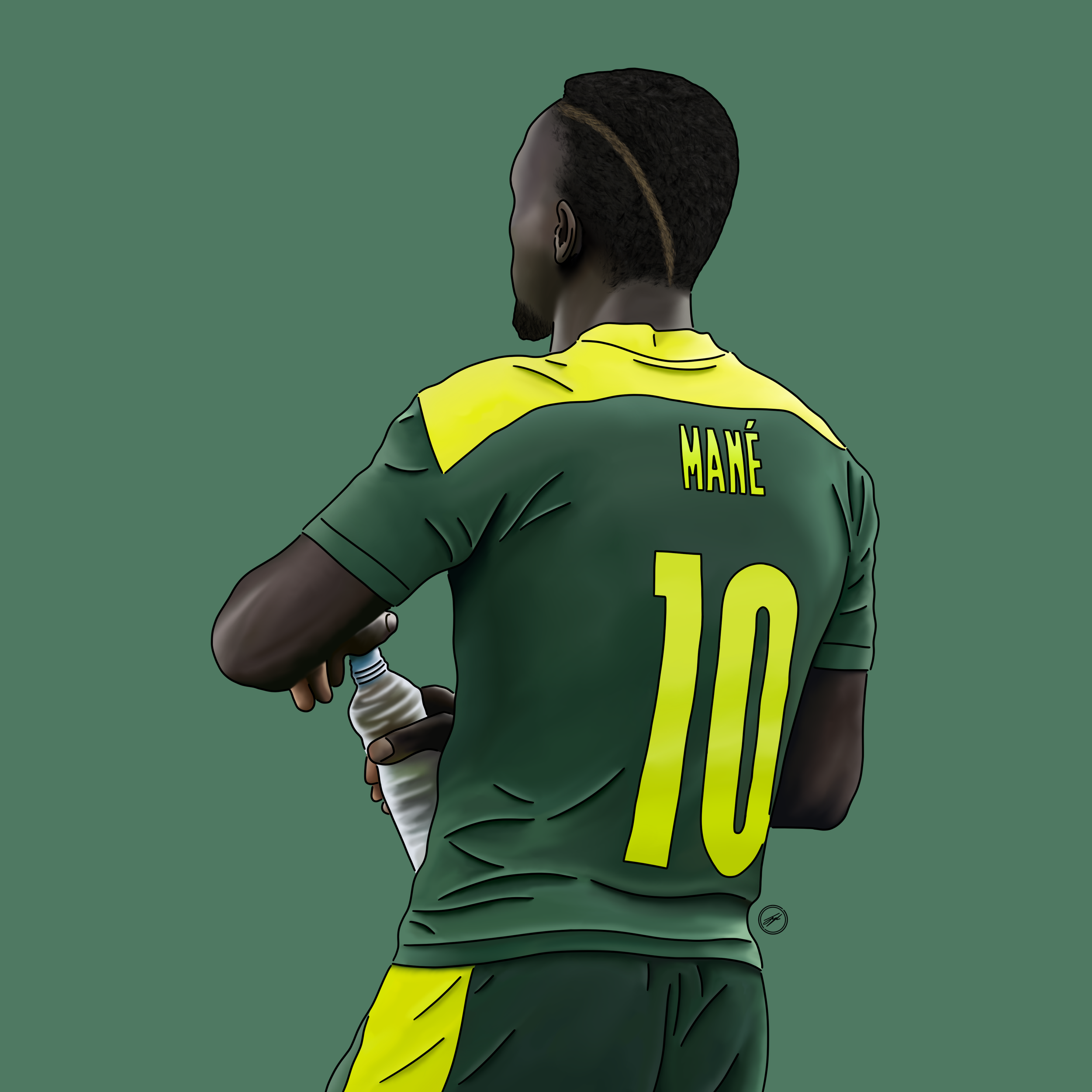 Back of a soccer player wearing a green and yellow uniform with the name "MANÉ" and the number 10 on it, holding a water bottle.