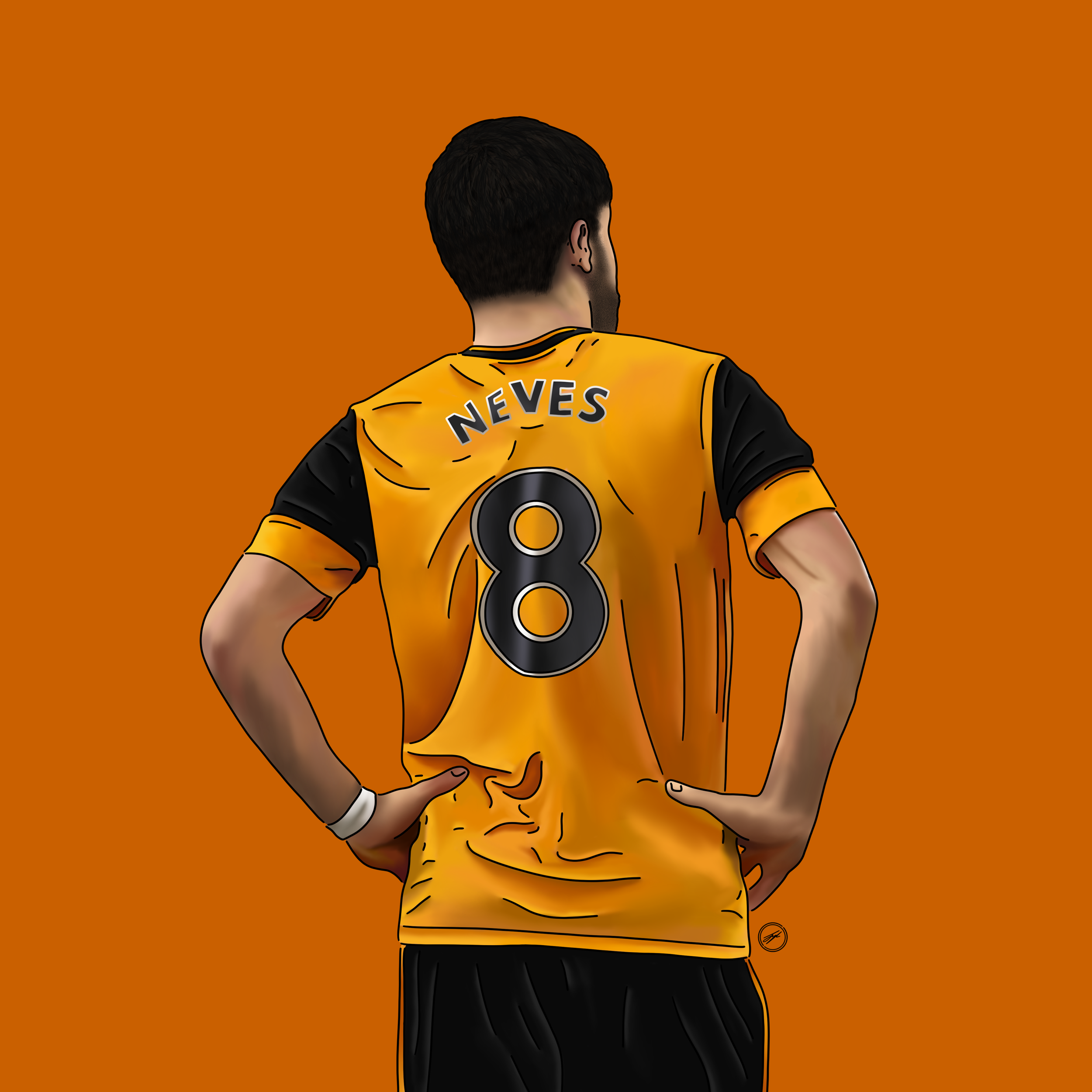 Digital illustration of a man from behind wearing a yellow and black sports jersey with the name 'Neves' and the number 8, standing with his hands on his hips against an orange background.