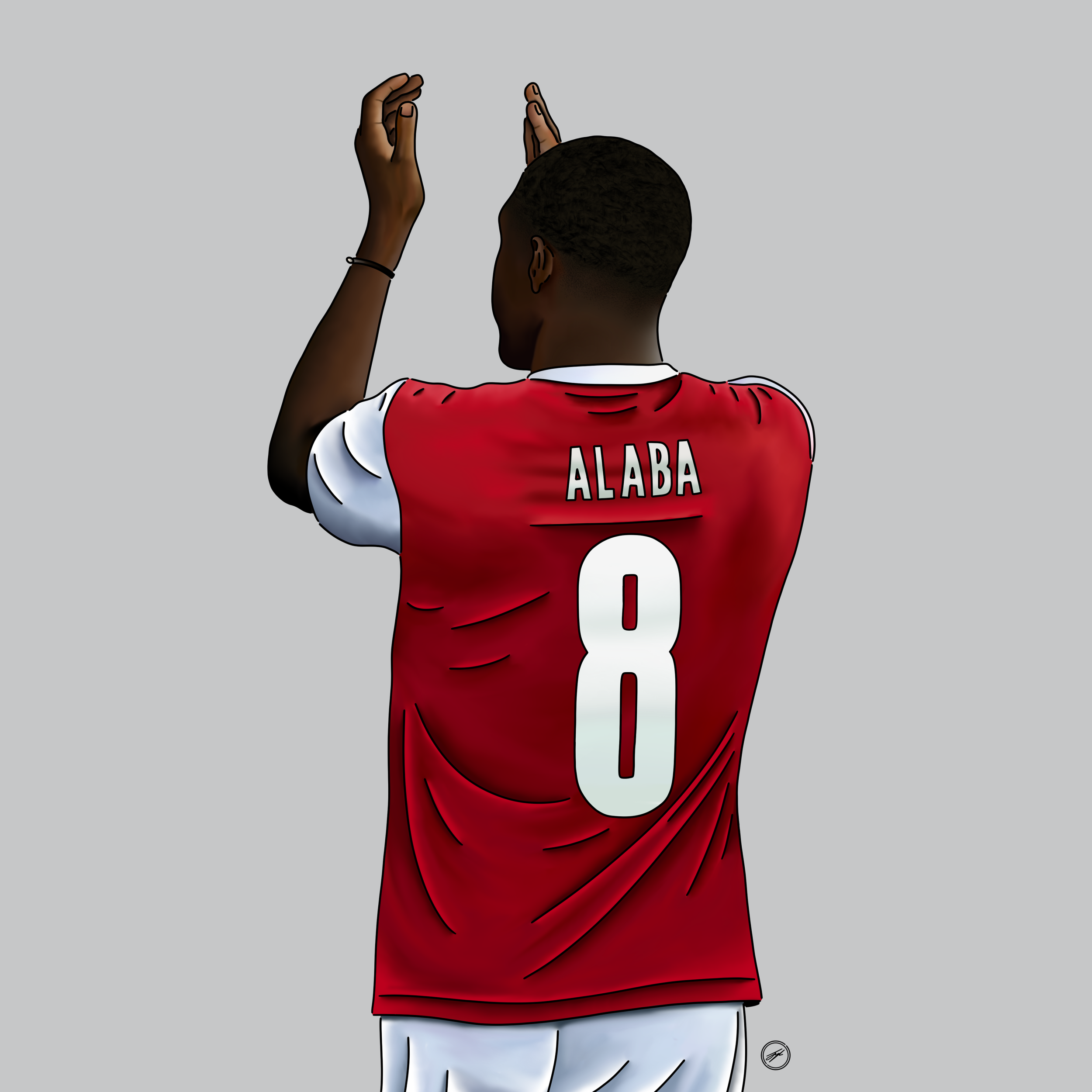 A soccer player wearing a red jersey with the name 'ALABA' and the number 8 on the back, seen from behind, making a sign with both hands.