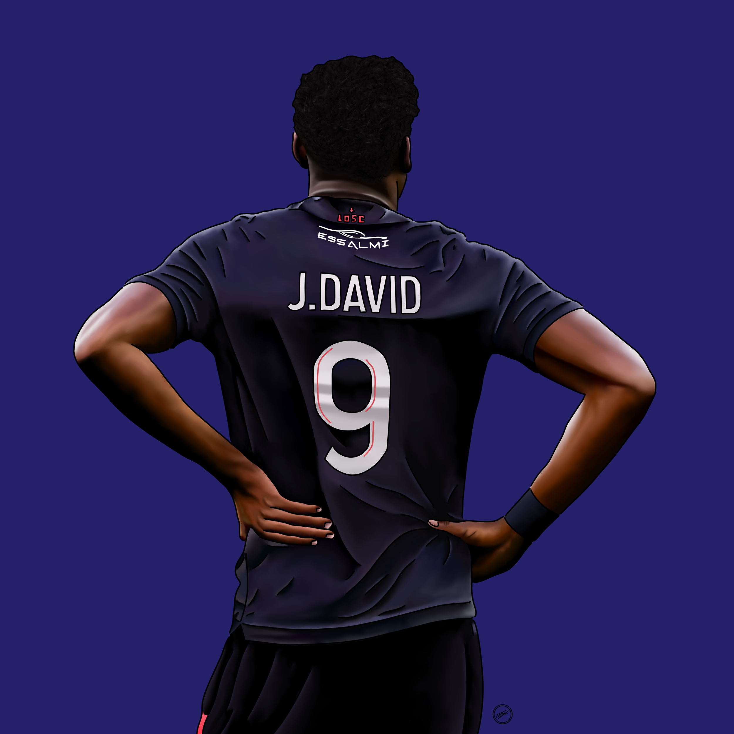 Digital illustration of a soccer player from behind, wearing a black jersey with the name 'J. DAVID' and the number '9,' standing with hands on hips against a blue background.