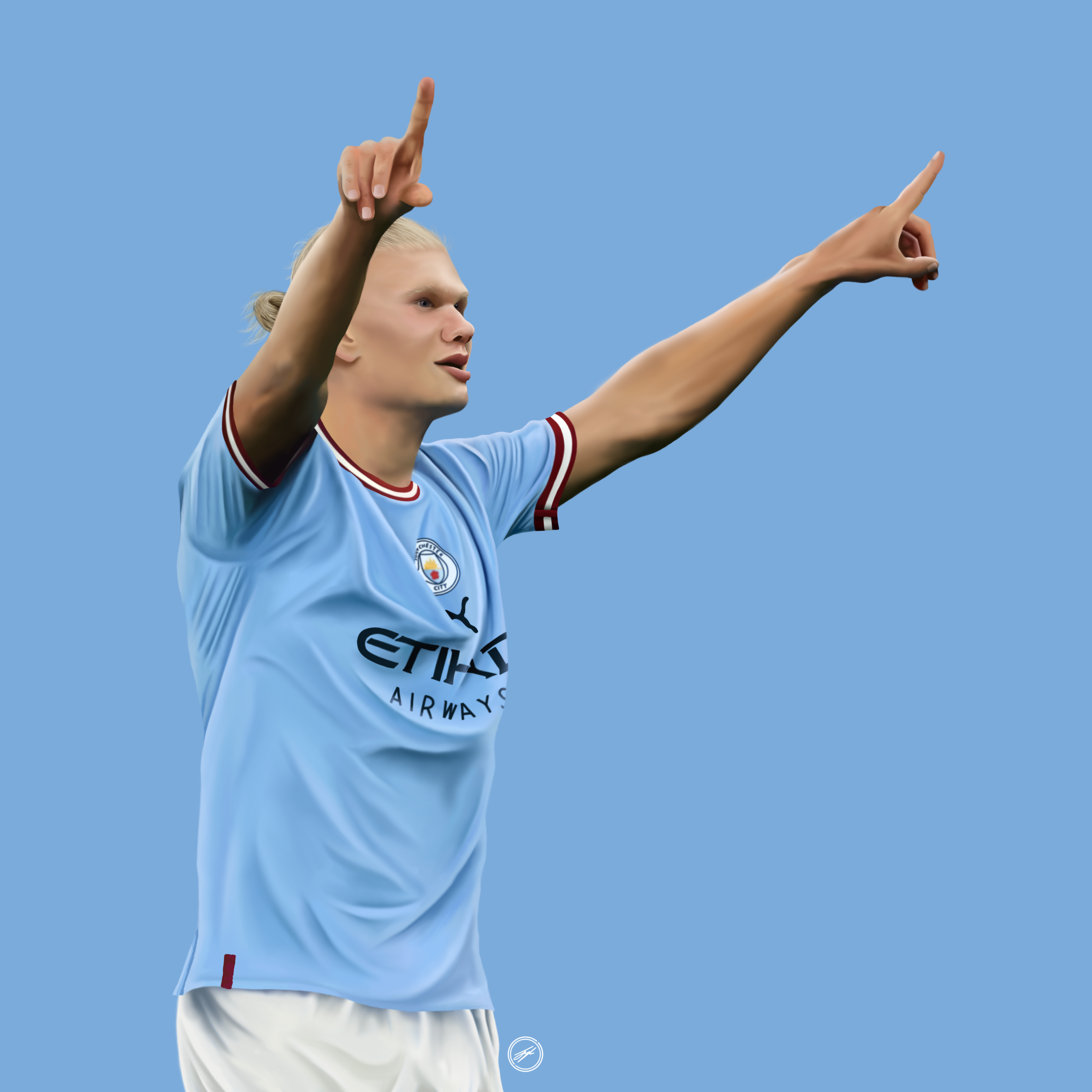 A football player in a light blue Manchester City jersey celebrating, pointing with both arms against a plain blue background.