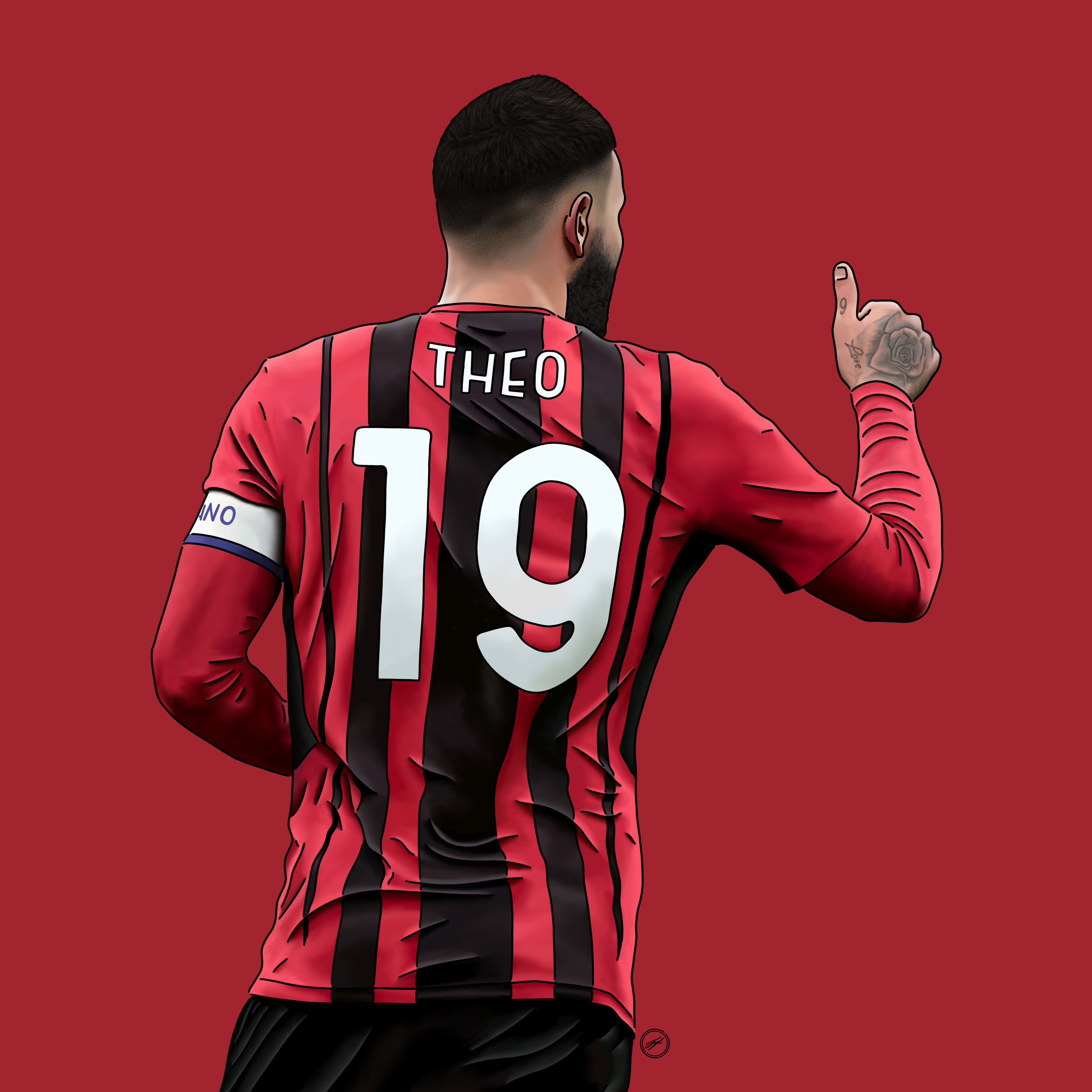 Illustration of a soccer player from behind wearing a red and black striped jersey with the name 'THEO' and number '19' on the back, pointing with his right hand against a red background.