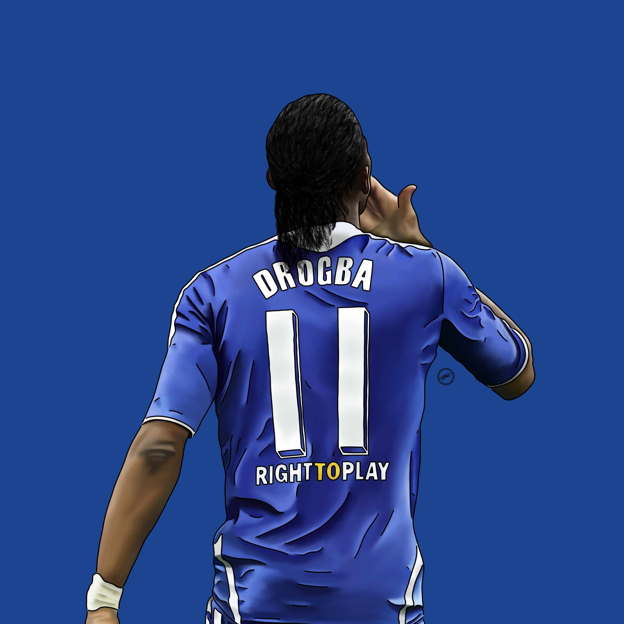 Digital illustration of football player in blue jersey with 'DROGBA 11' on back and 'RIGHT TO PLAY' logo, facing away against a blue background.