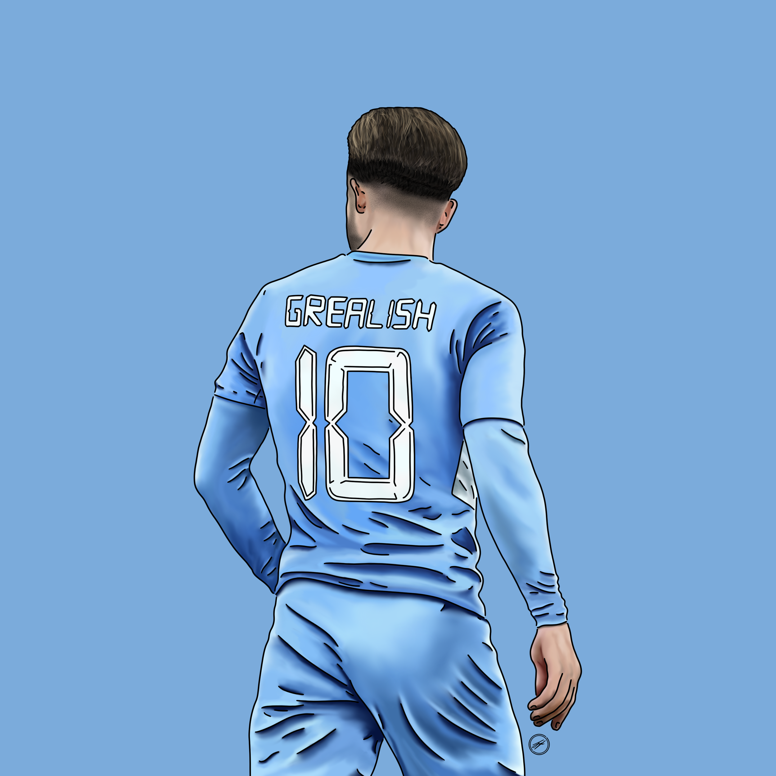 Digital illustration of a man in a light blue sports uniform with the name 'GREALISH' and the number '10' on the back, standing with his back to the viewer against a plain blue background.