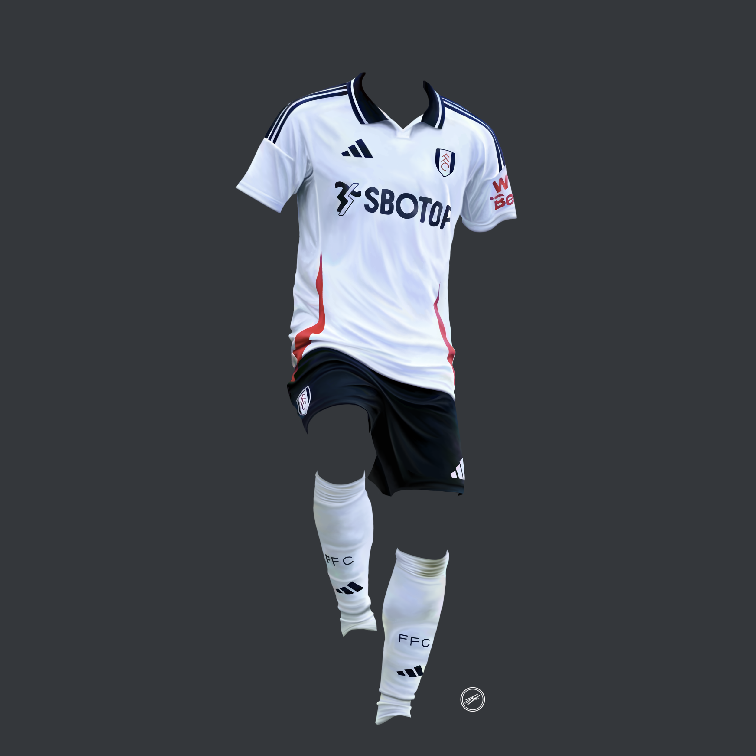 Football jersey and shorts displayed on a mannequin with no head or arms, featuring a white top with black and red accents, black shorts, and white socks with black lettering and logos, set against a dark background.