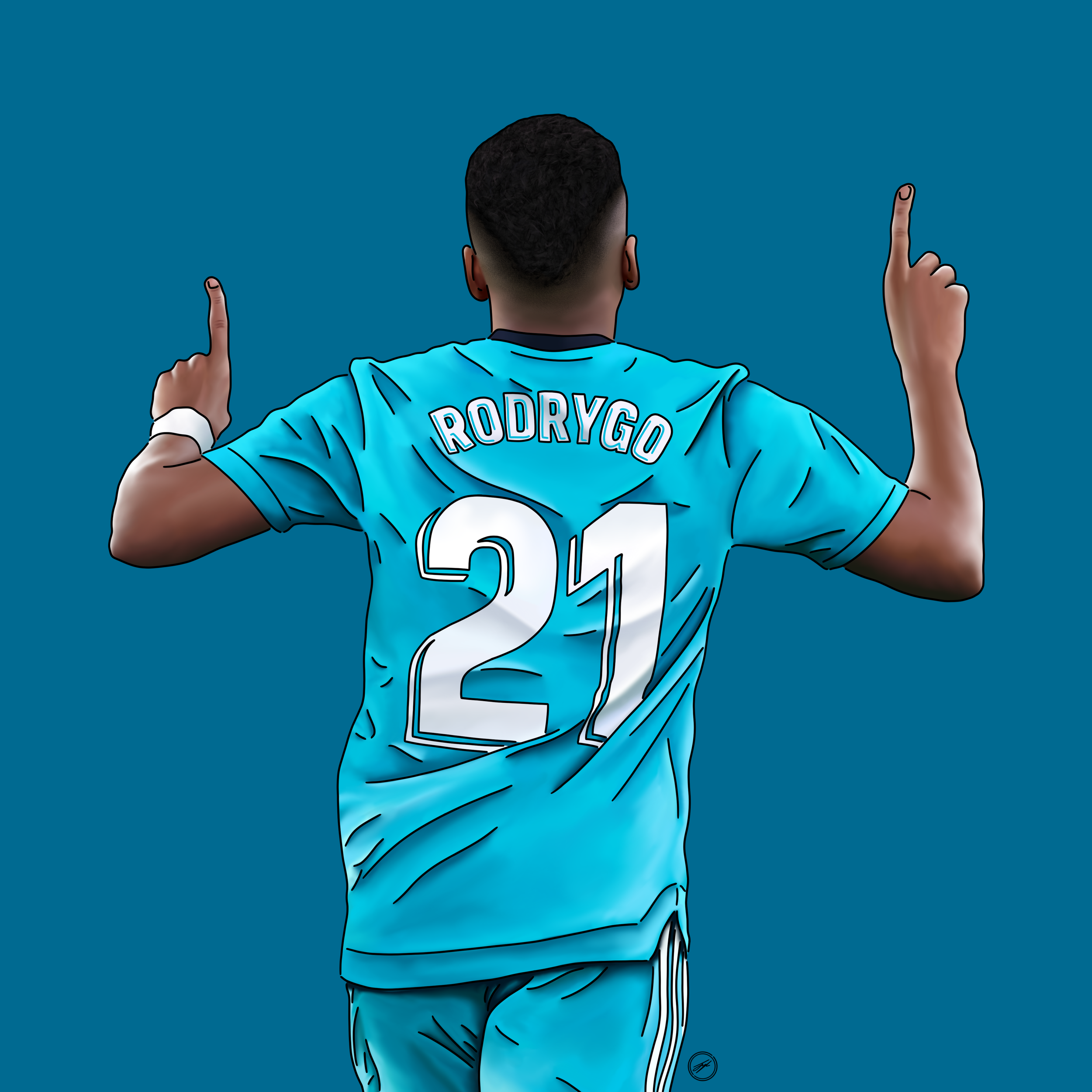 A soccer player from behind wearing a blue jersey with the name 'Rodrygo' and the number '21', making a victory pose against a solid blue background.