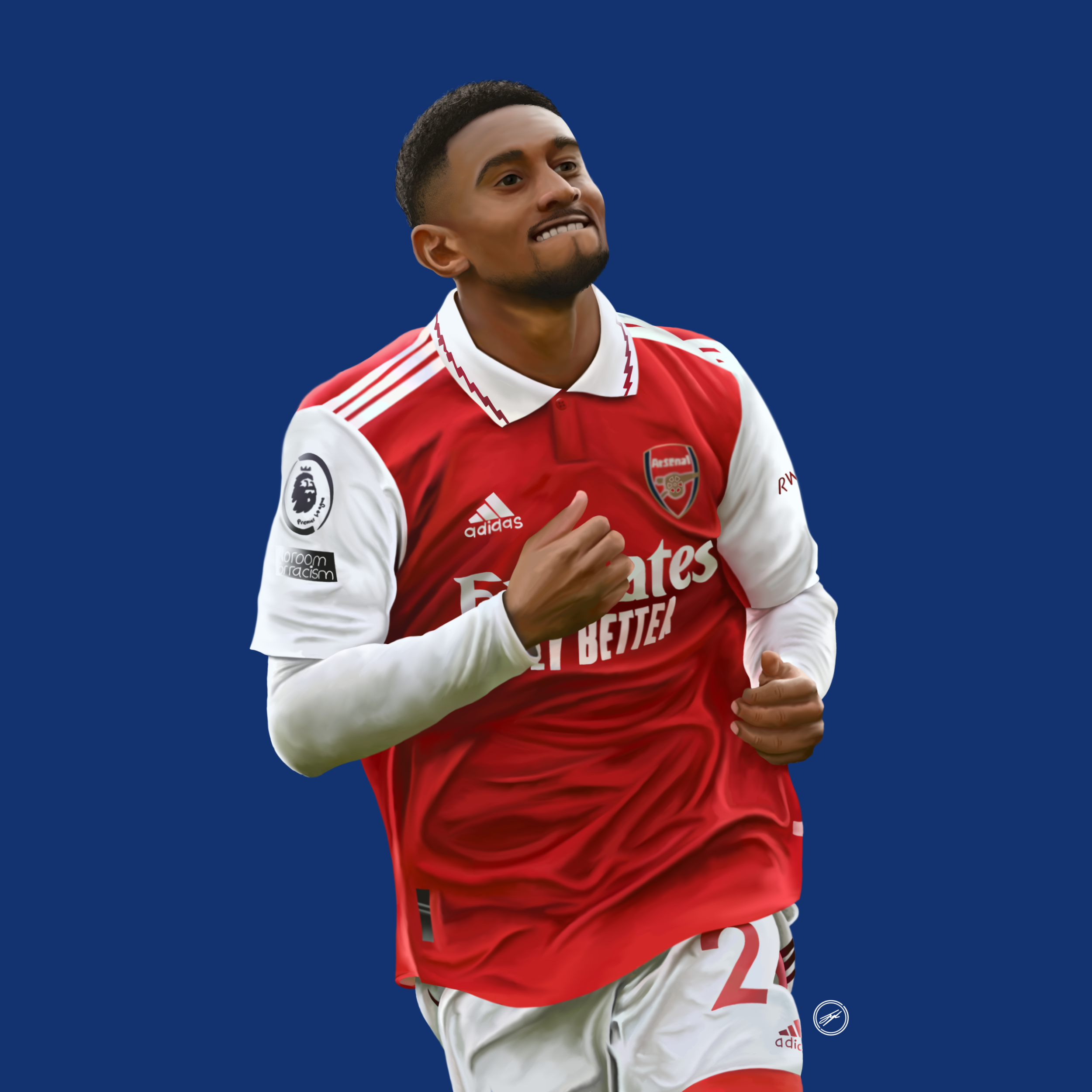 Arsenal soccer player in a red and white uniform, running and smiling against a solid blue background.