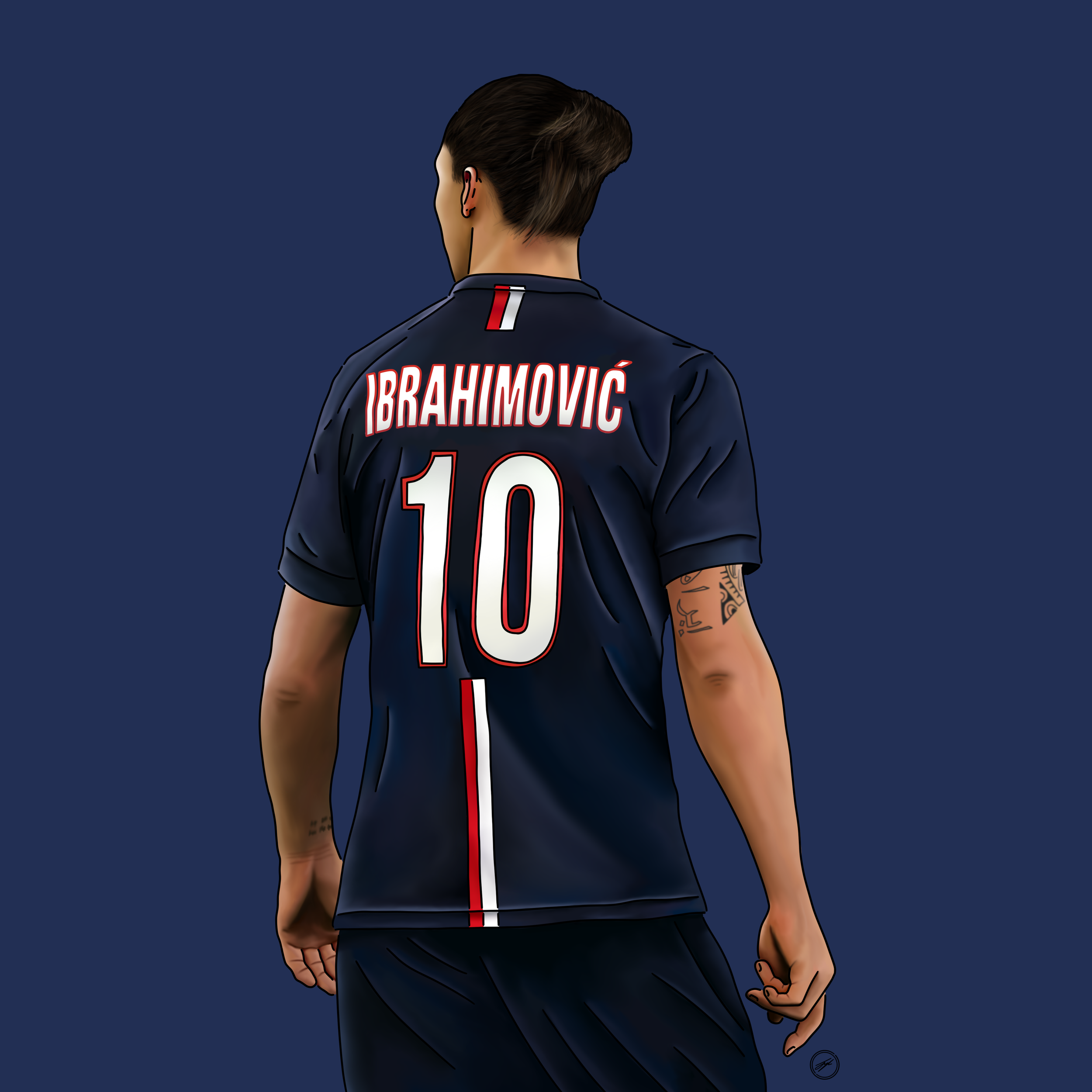 Digital illustration of a person wearing a navy blue soccer jersey with the name 'IBRAHIMOVIĆ' and the number '10' on the back, standing against a solid dark blue background.