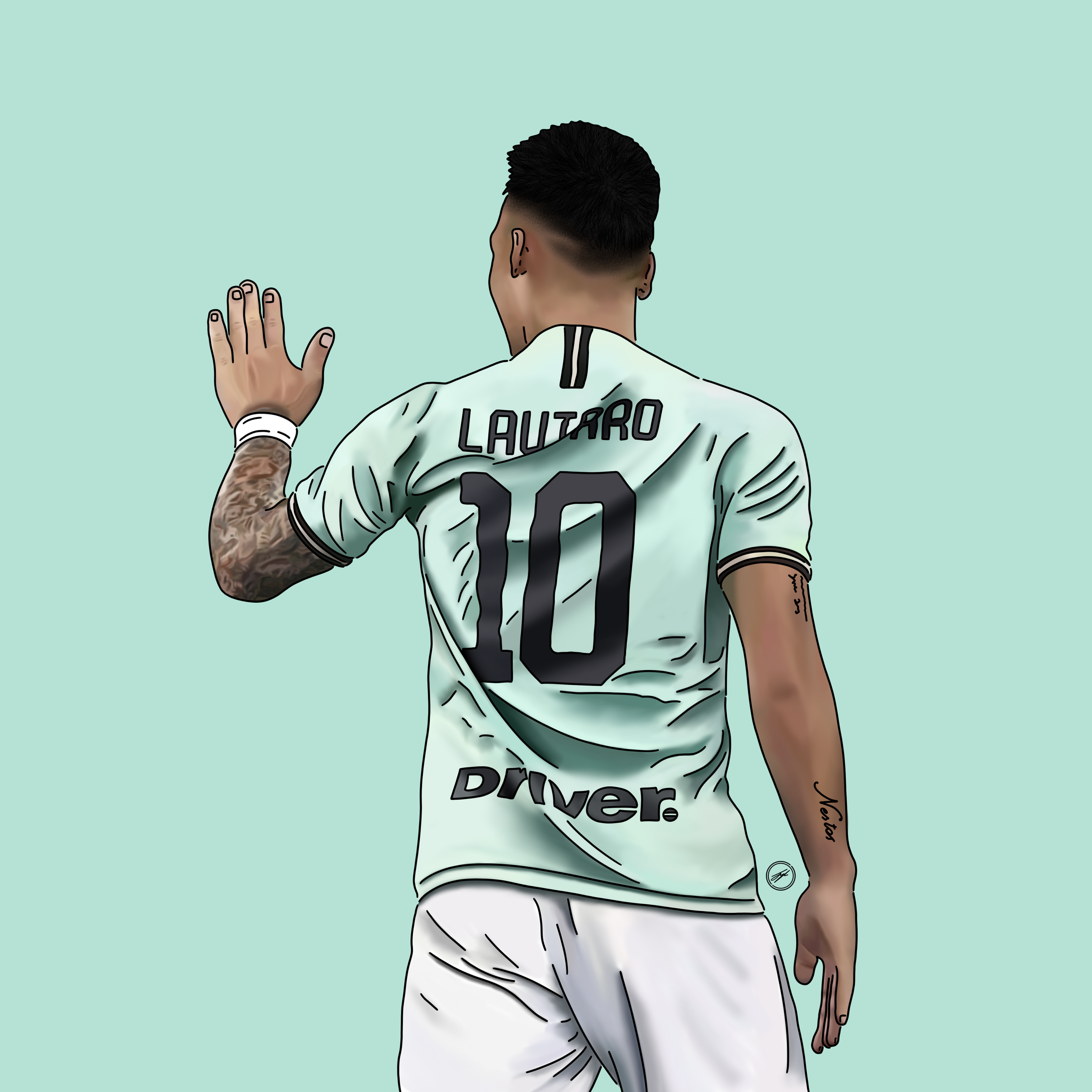 A digital illustration of a soccer player seen from the back, wearing a light-colored jersey with the name 'Lautaro' and the number 10, waving and standing against a plain light background.