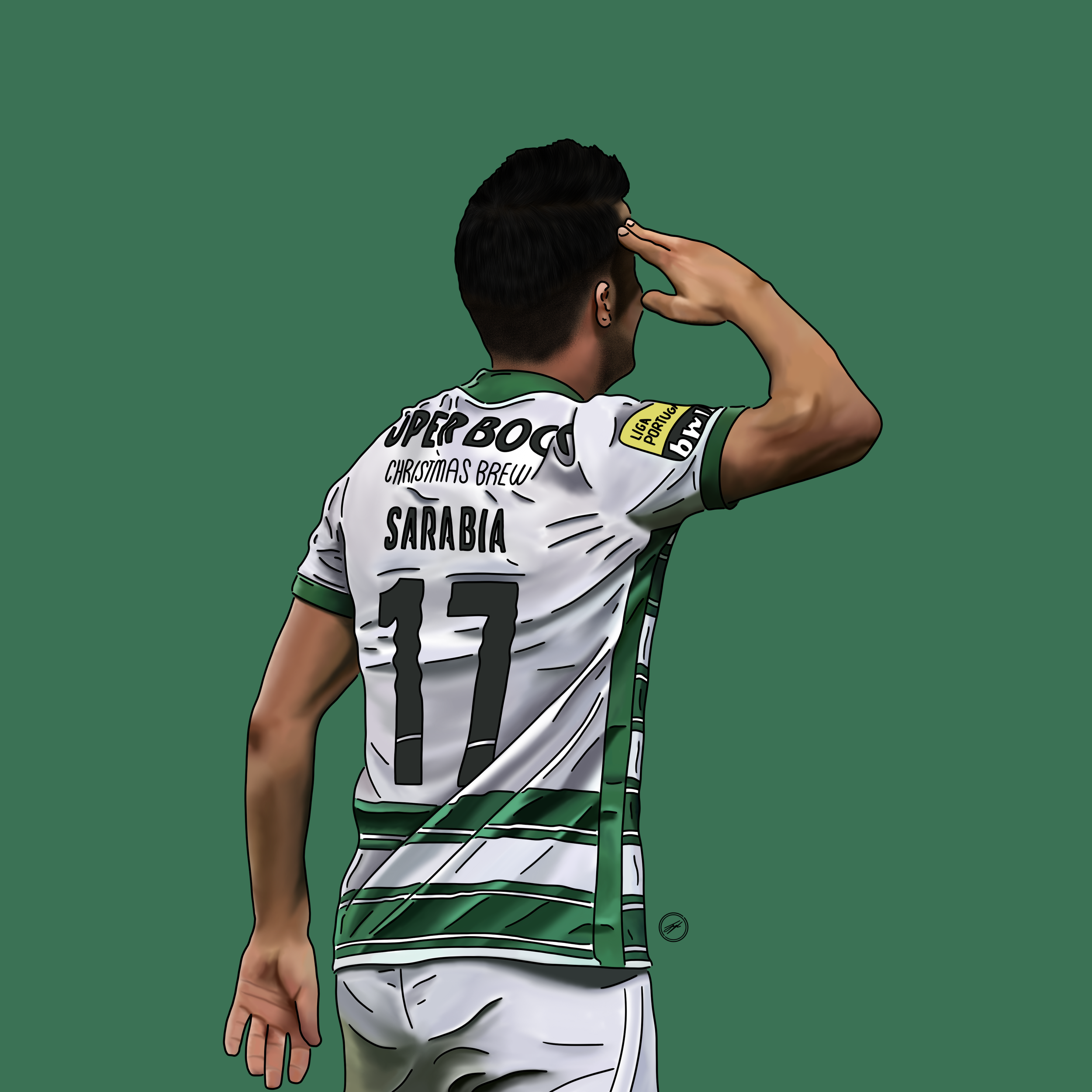A digital illustration of a soccer player in a white and green jersey with the number 11, saluting with his right hand while facing away from the camera, against a plain green background.