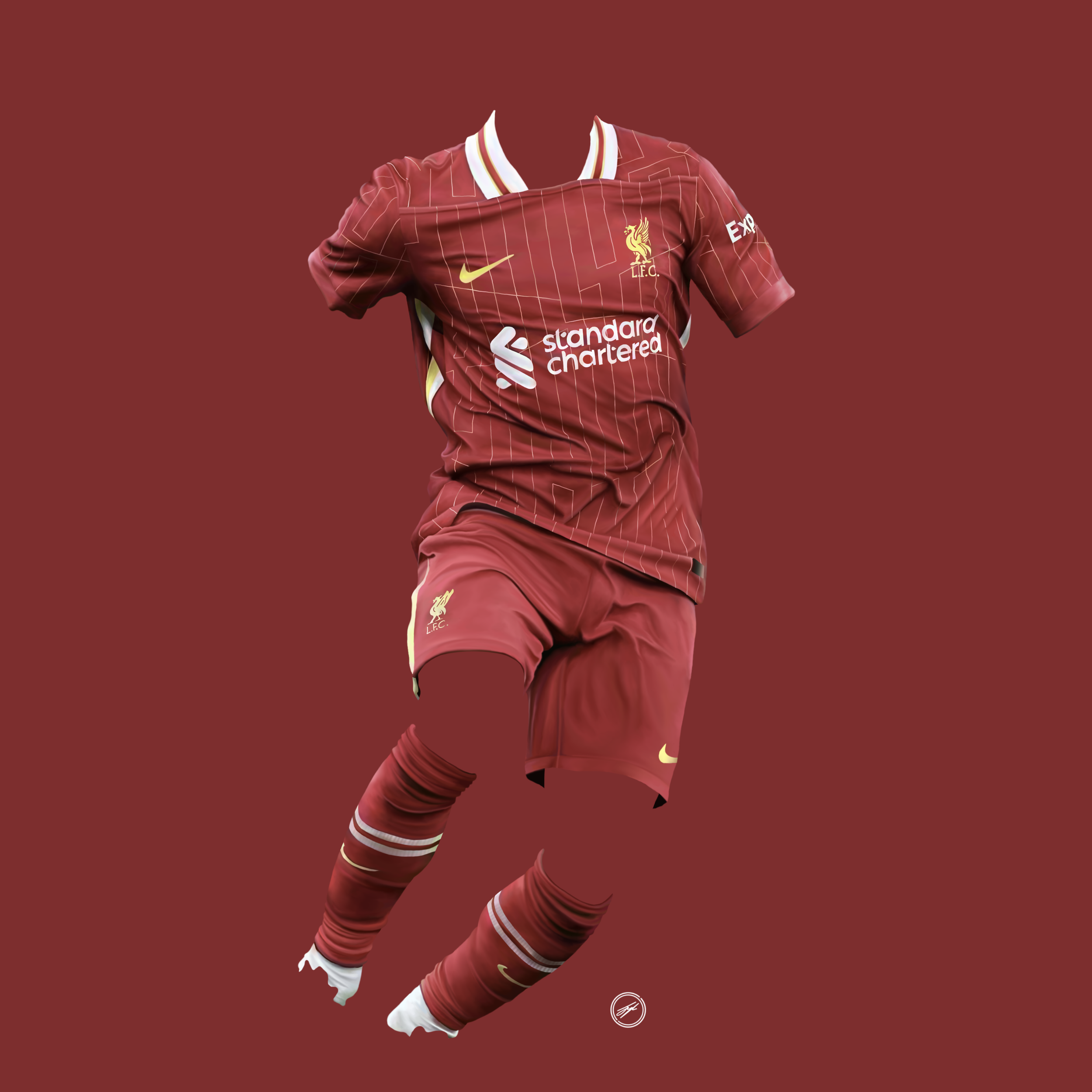 Football jersey and shorts displayed on a mannequin, representing Liverpool FC, with sponsor logos and team emblem, set against a solid red background.