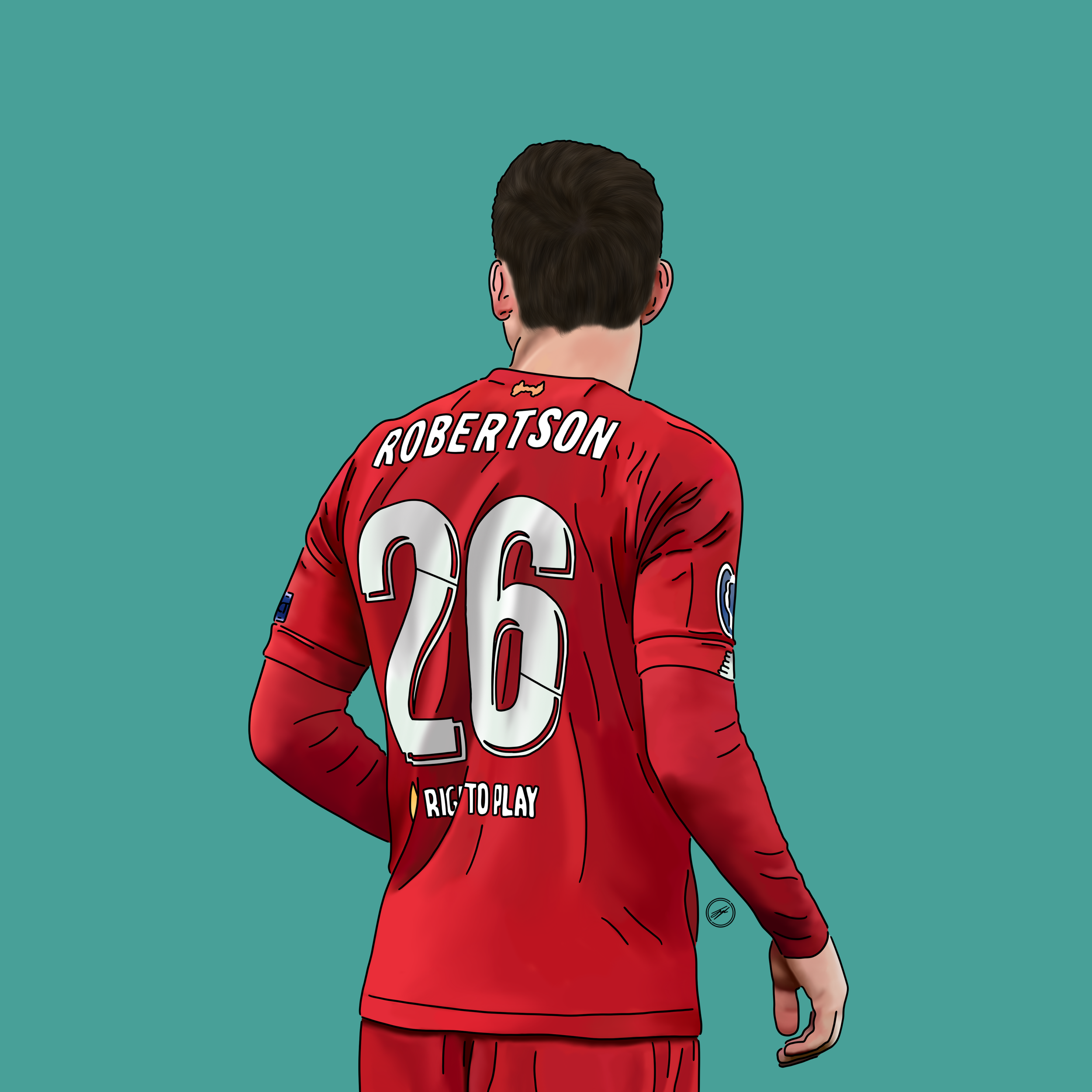 Illustration of a football player from behind wearing a red jersey with the name "Robertson" and the number "26" on the back, against a teal background.