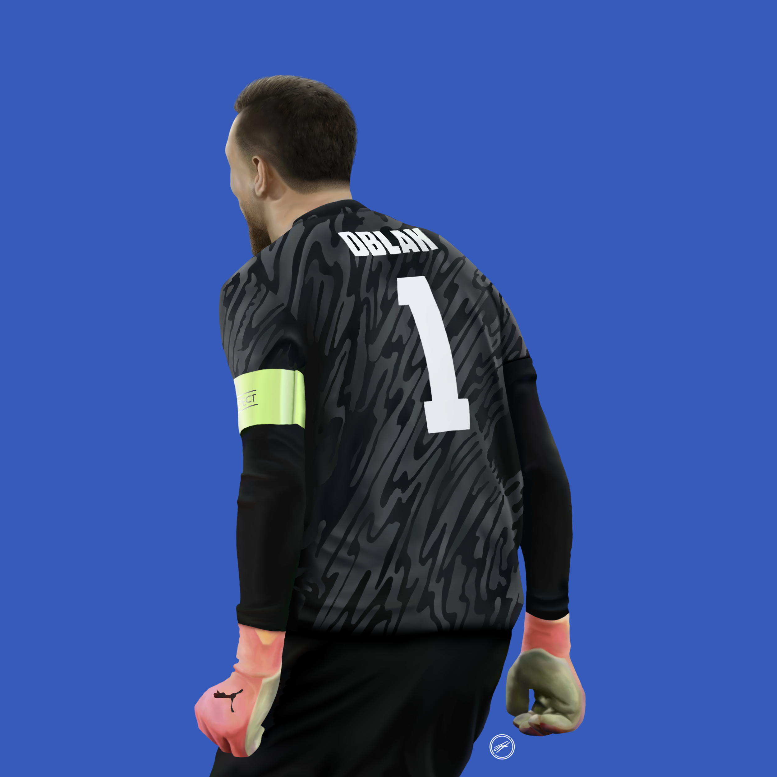 A soccer goalkeeper wearing a black jersey with the name OCRAM and the number 1, standing against a blue background.