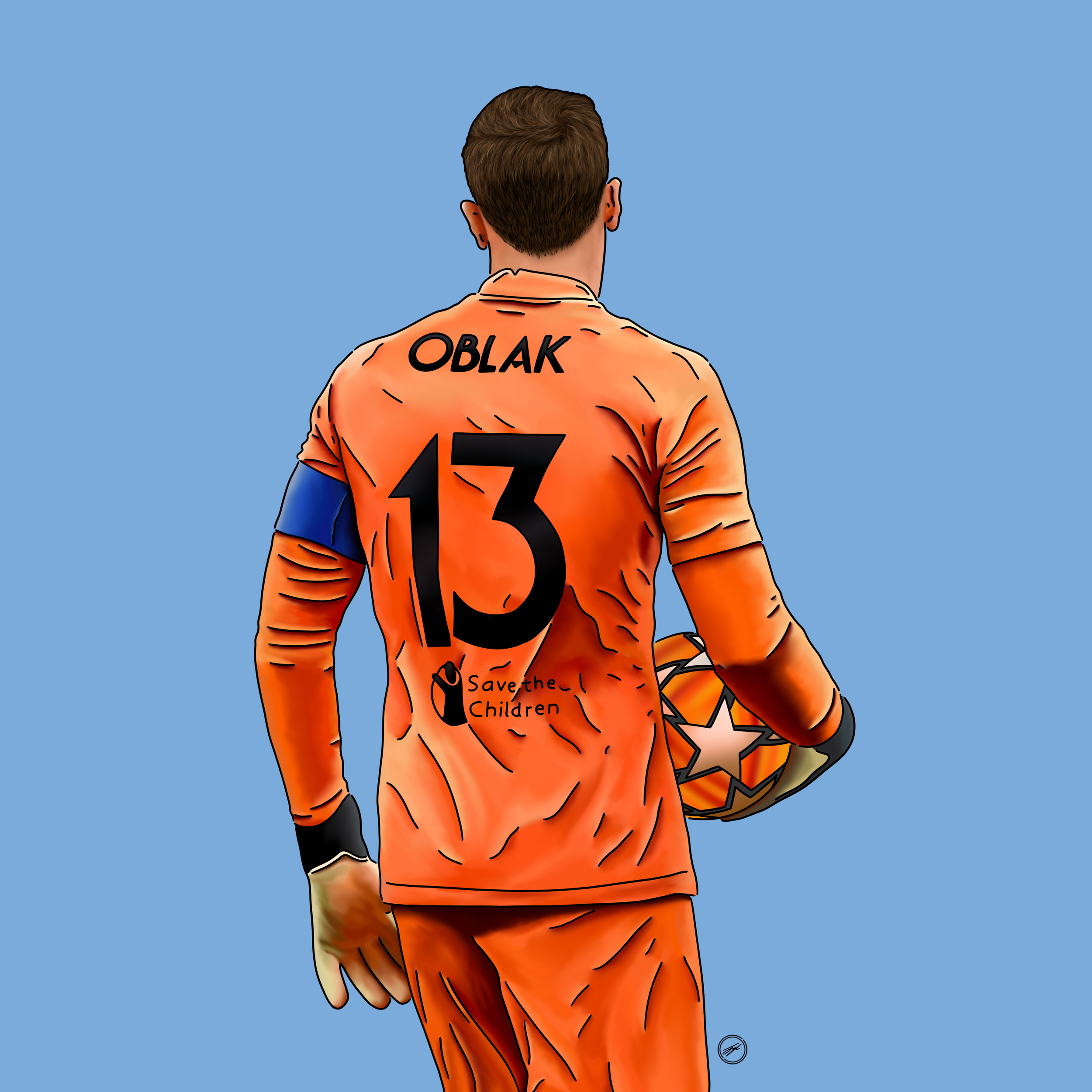 Digital illustration of a male soccer goalkeeper from behind, wearing an orange jersey with the number 13 and the name 'OBLAK' on the back, holding a soccer ball, set against a blue background.