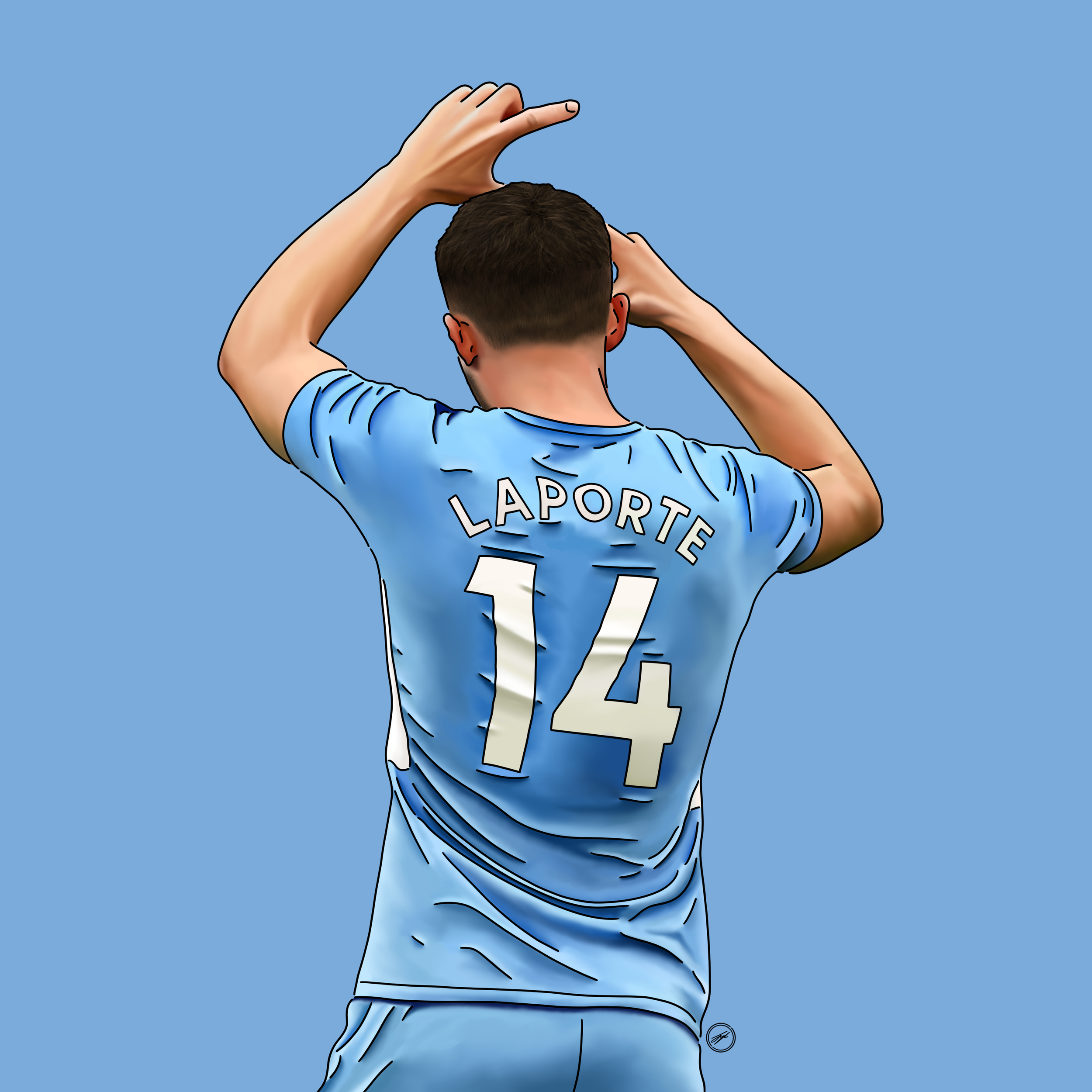 Illustration of a soccer player from behind, wearing a light blue jersey with the name 'LAPORTE' and the number 14. The player has short hair and is adjusting his hair with both hands against a solid light blue background.