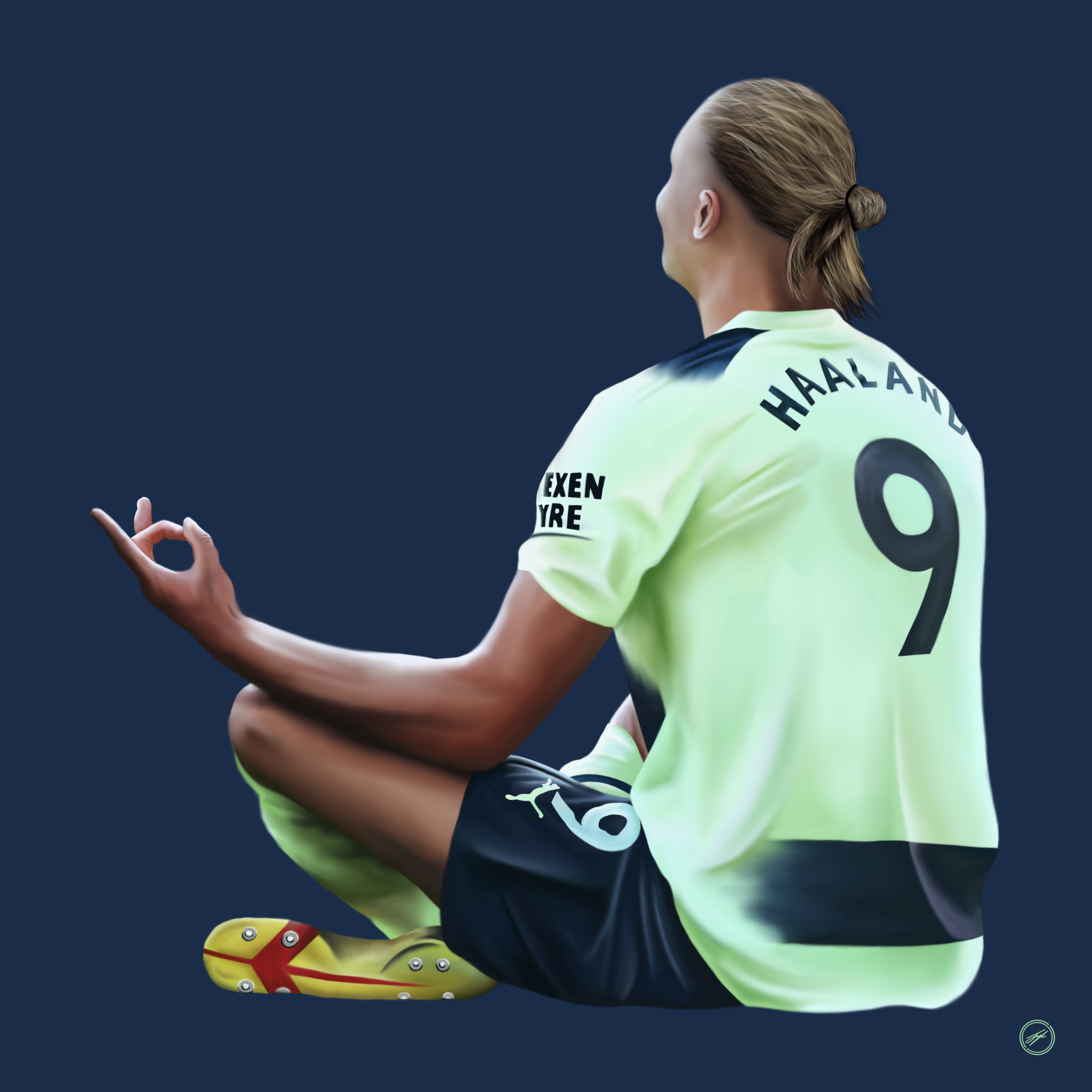A digital illustration of a female soccer player sitting cross-legged with her eyes closed, making a meditation gesture with her hand. She wears a white and dark blue jersey with the number 9 and the name 'Haaland' on the back, and yellow soccer clea