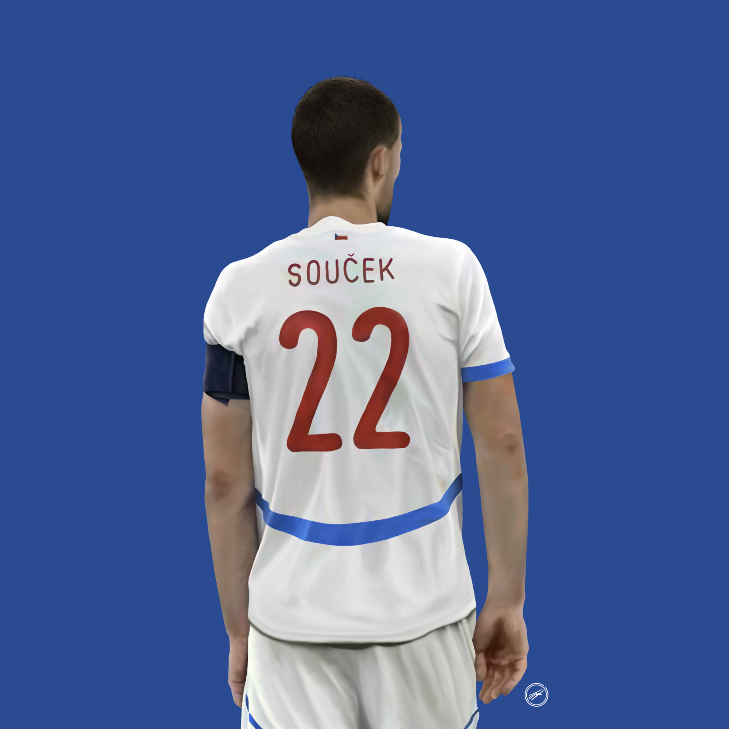 Back view of a soccer player wearing a white jersey with blue accents, number 22, and the name SOUČEK on the back, standing against a solid blue background.