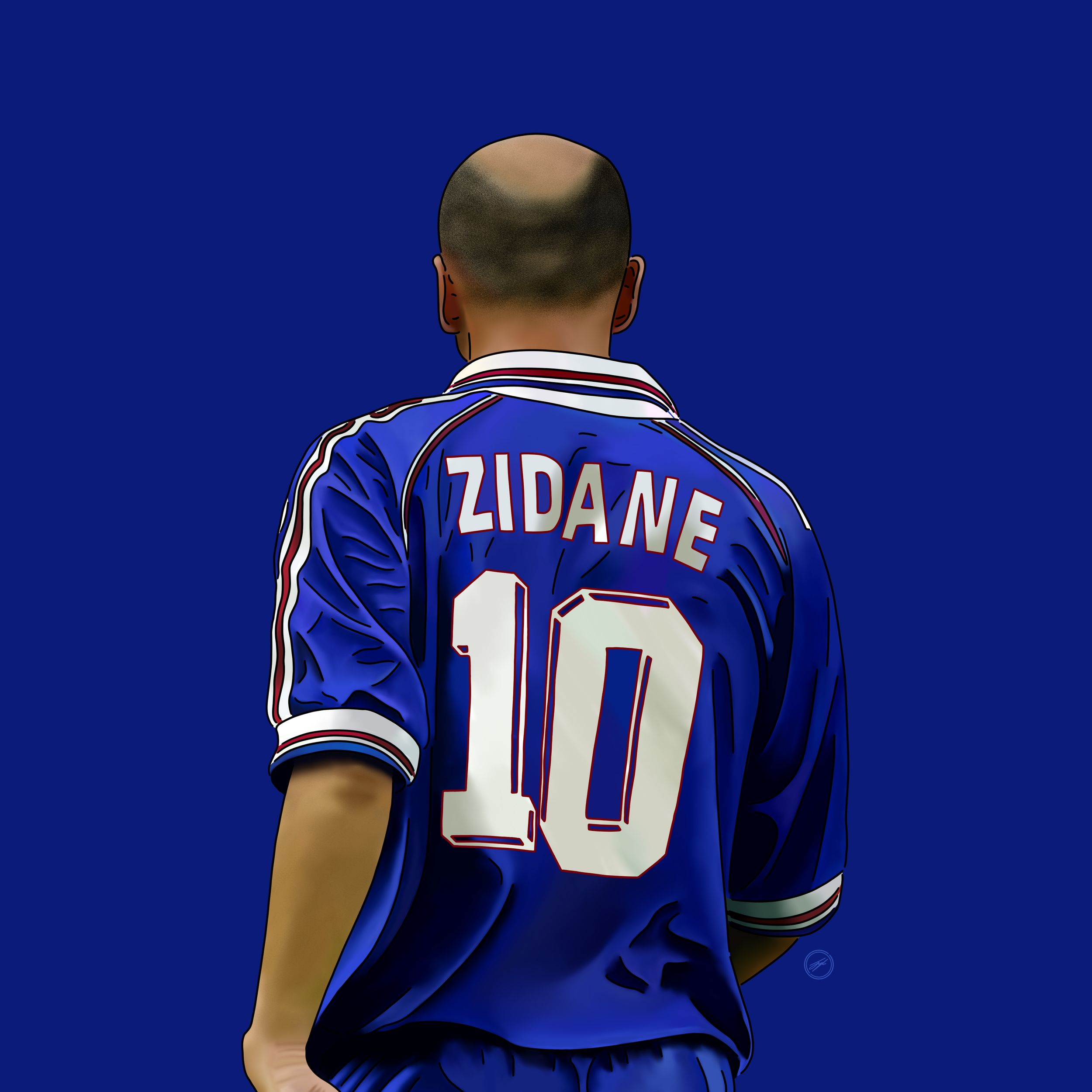 Illustration of a football player wearing a blue jersey with 'ZIDANE' and the number 10 on the back, seen from behind against a blue background.