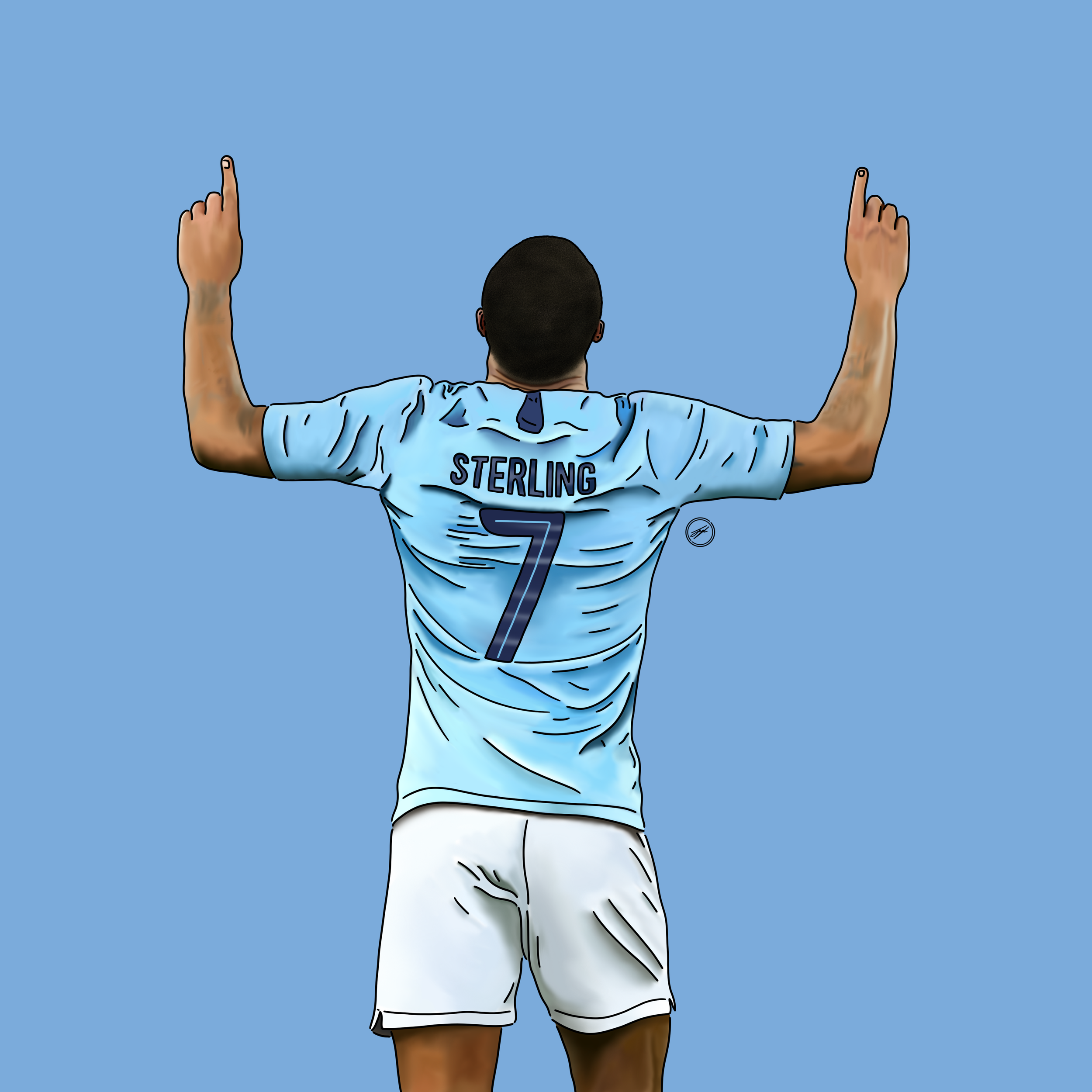 A football player wearing a light blue jersey with the name 'Sterling' and the number 7, standing with arms raised against a blue background.