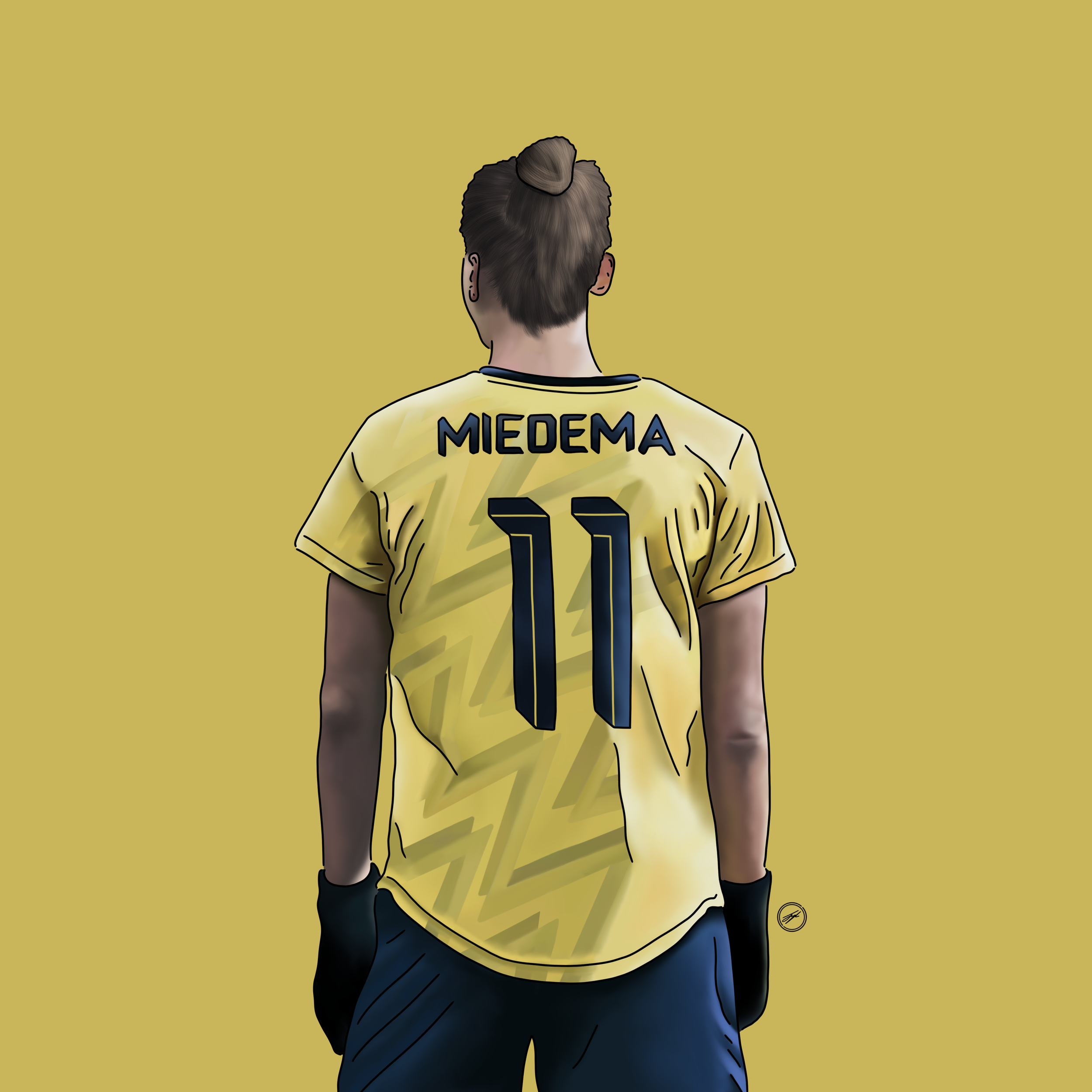 Digital illustration of a soccer player seen from behind, wearing a yellow jersey with the name 'Miedema' and the number 11, against a yellow background.