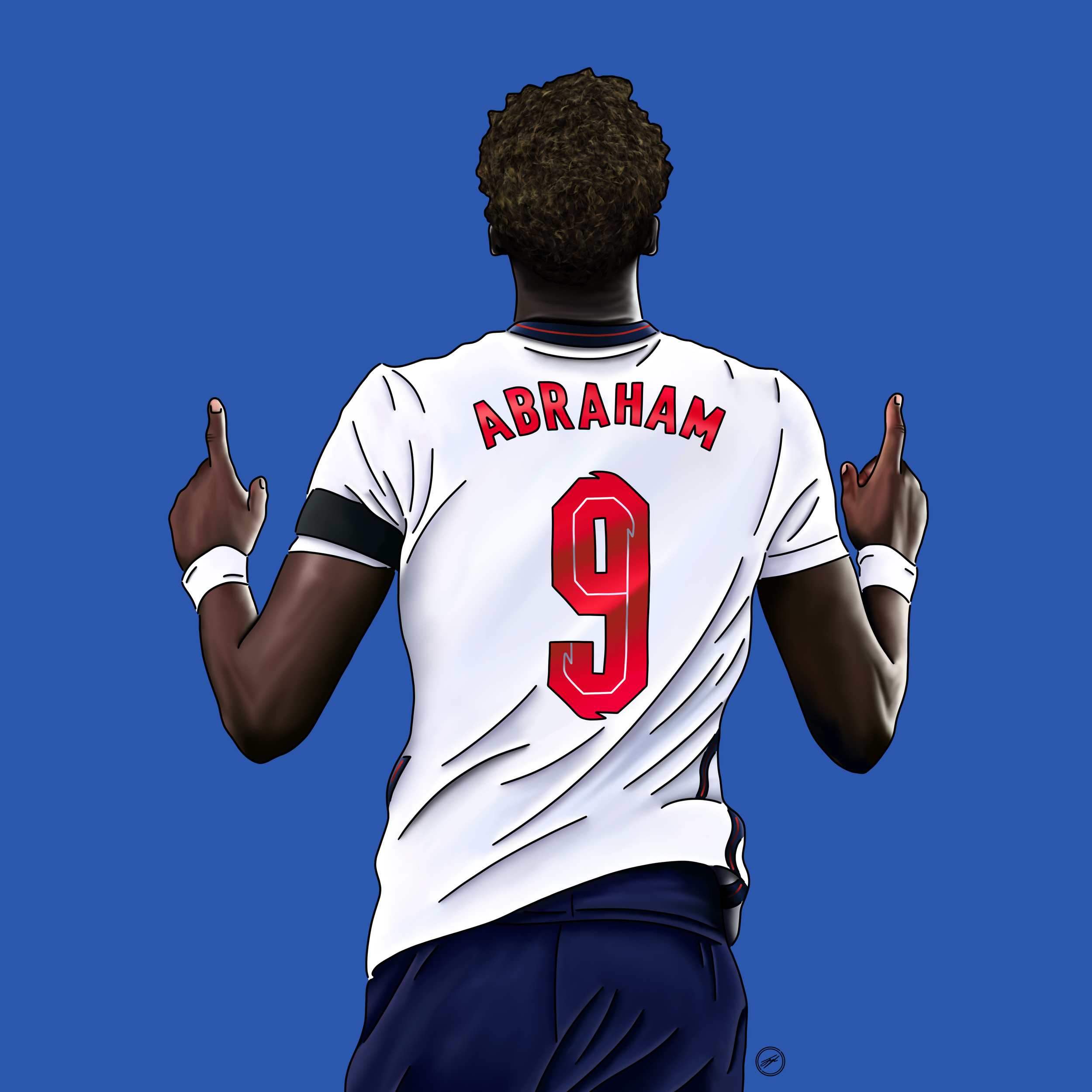 Digital illustration of a soccer player with the name 'Abraham' and number 9 on the back of his white jersey, facing away with his hands raised and fingers pointing up, against a blue background.