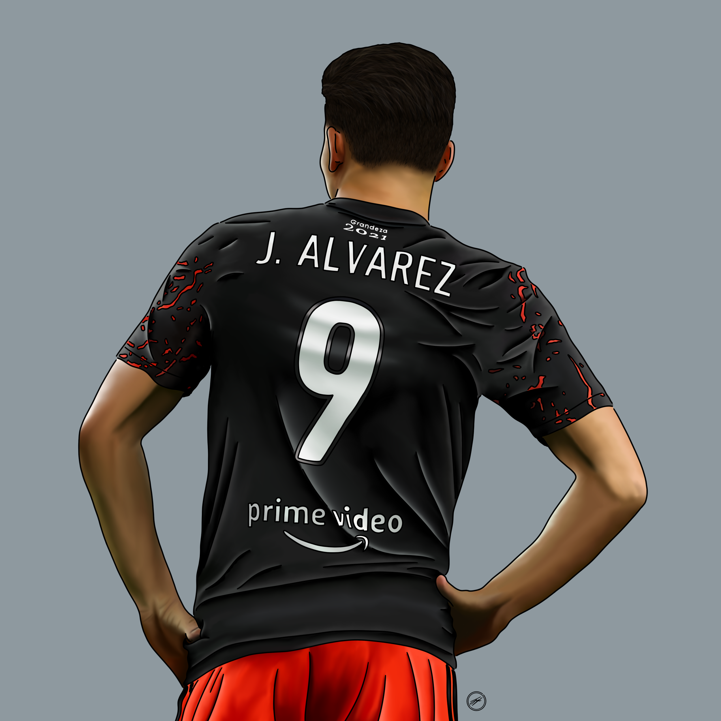 Illustration of a soccer player from the back wearing a black jersey with the name J. Alvarez and the number 9, Nike logo, and Amazon Prime Video logo, against a plain background.