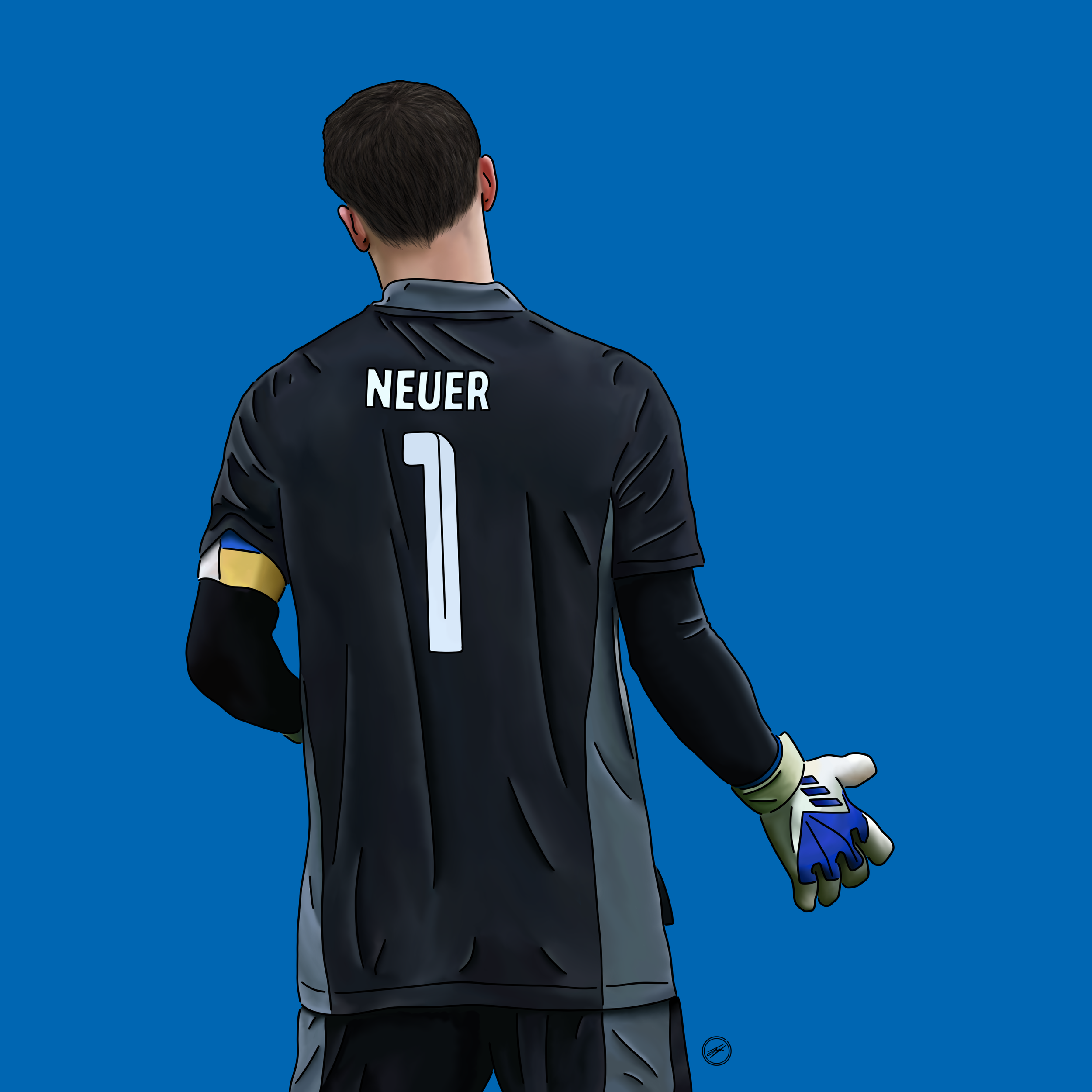 Digital illustration of a male soccer goalkeeper from behind, wearing a black jersey with the name 'NEUER' and number '1', holding a blue and white goalkeeper glove, standing against a solid blue background.