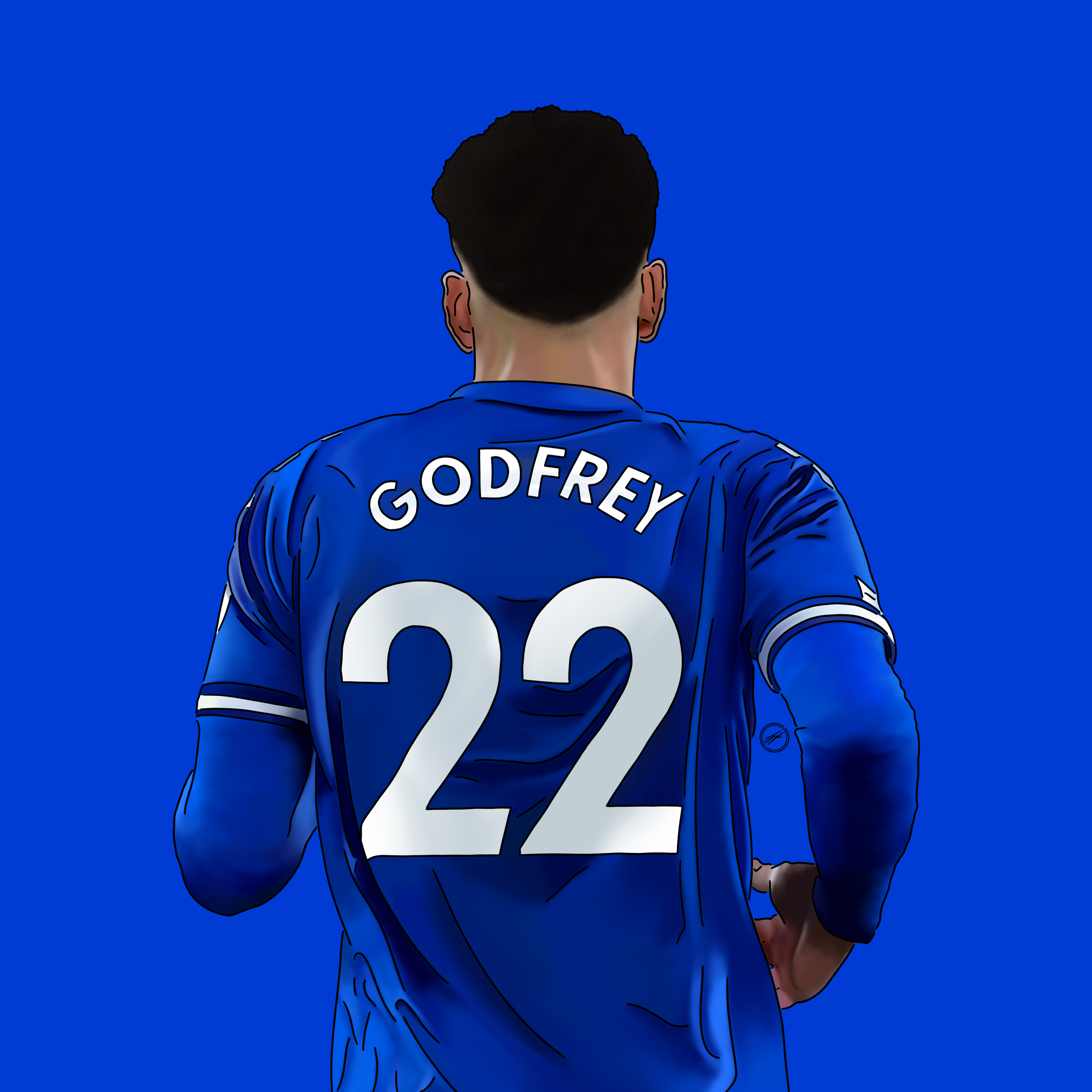 Back view of a soccer player wearing a blue jersey with the name 'GODFREY' and the number '22' on the back, standing against a blue background.