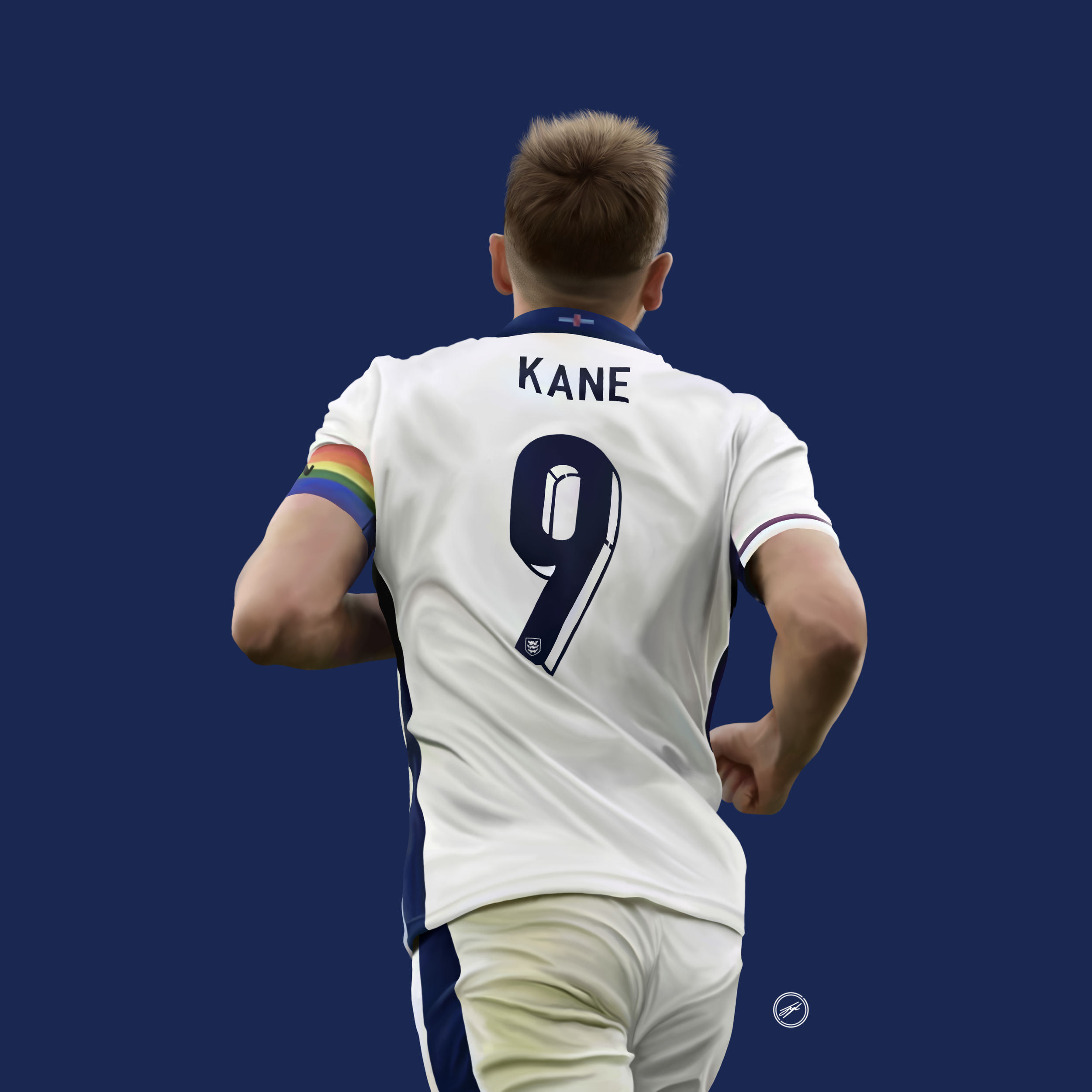 Back view of a soccer player wearing a white jersey with the name 'Kane' and the number 9, running against a dark blue background. The player has a rainbow-colored band on their right arm.