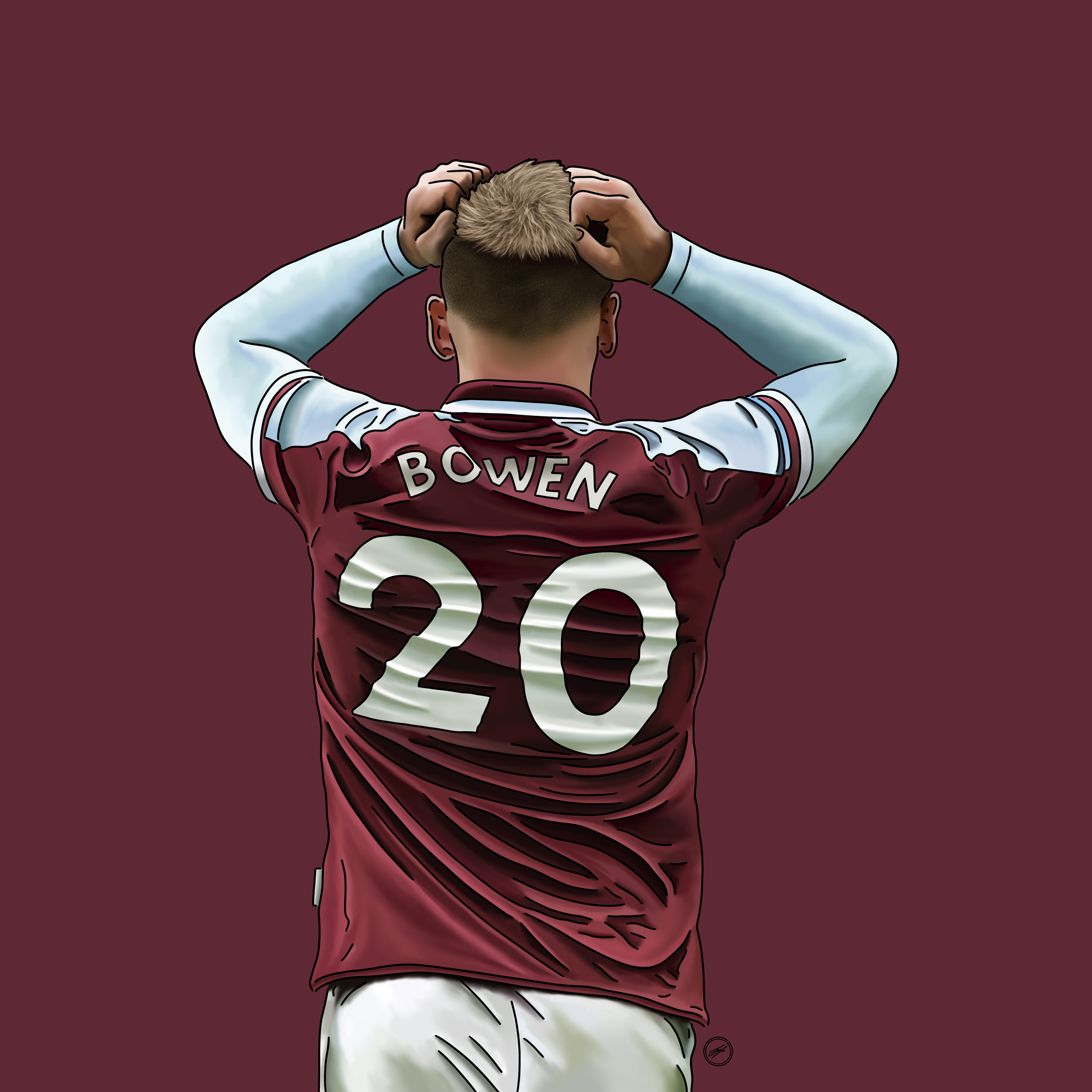 A soccer player wearing a maroon and white jersey with the name Bowl and the number 20, standing with hands on head against a plain maroon background.