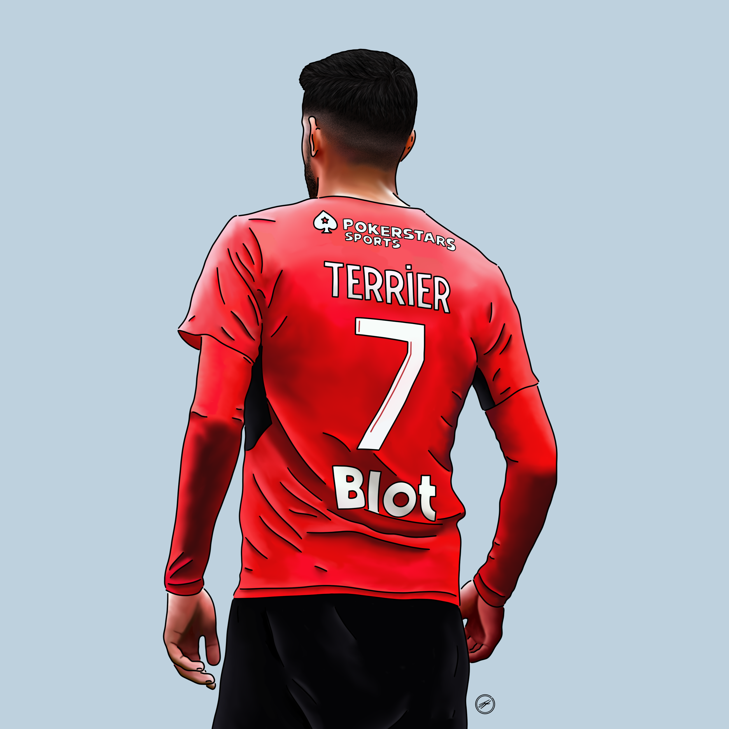 Illustration of a soccer player from behind, wearing a red jersey with the name 'Terrier', number 7, and sponsors 'PokerStars Sports' and 'Blot', against a light blue background.