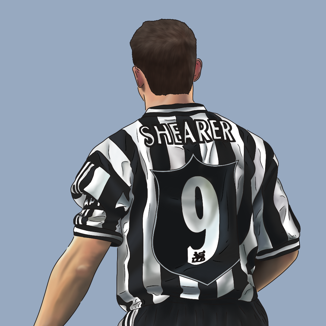 Back view of a person wearing a black and white striped soccer jersey with the name 'SHEARER' and the number '9' on the back.