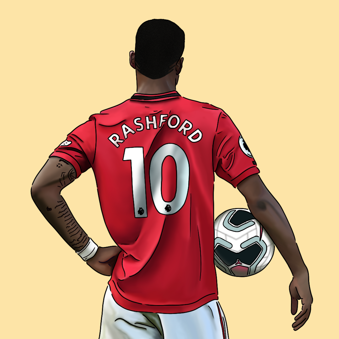 A soccer player wearing a red jersey with the name RASHFORD and the number 10, holding a soccer ball, seen from behind against a beige background.