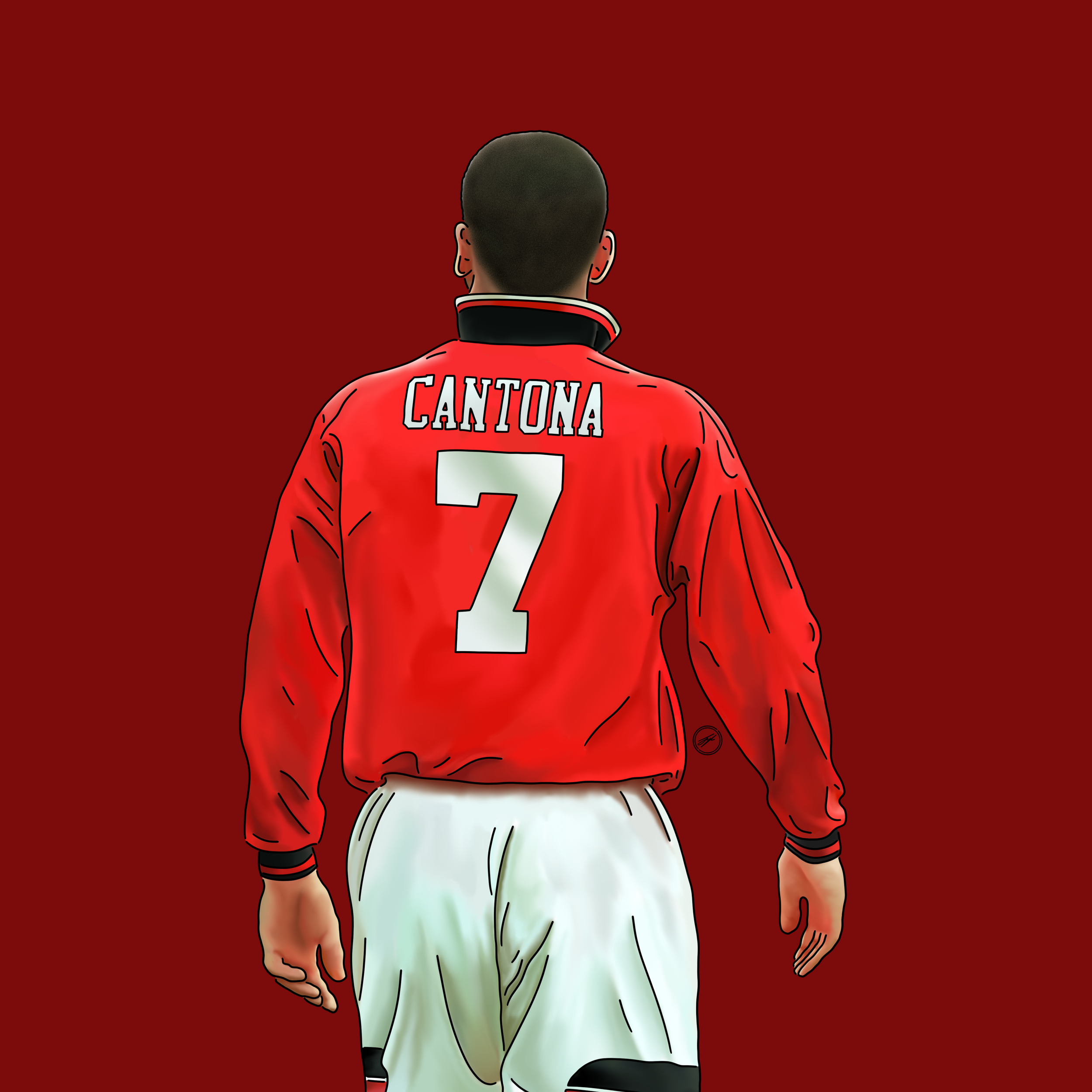 Illustration of a person wearing a red sports jacket with the name 'CANTONA' and the number 7 on the back, facing away against a red background.
