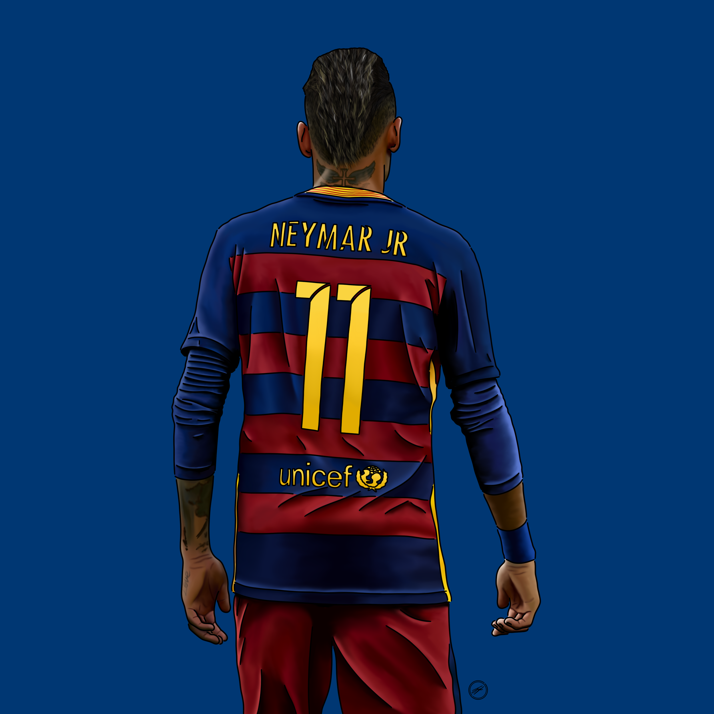 Digital illustration of a man seen from the back, wearing a FC Barcelona jersey with Neymar Jr's name and the number 11, against a solid dark blue background.