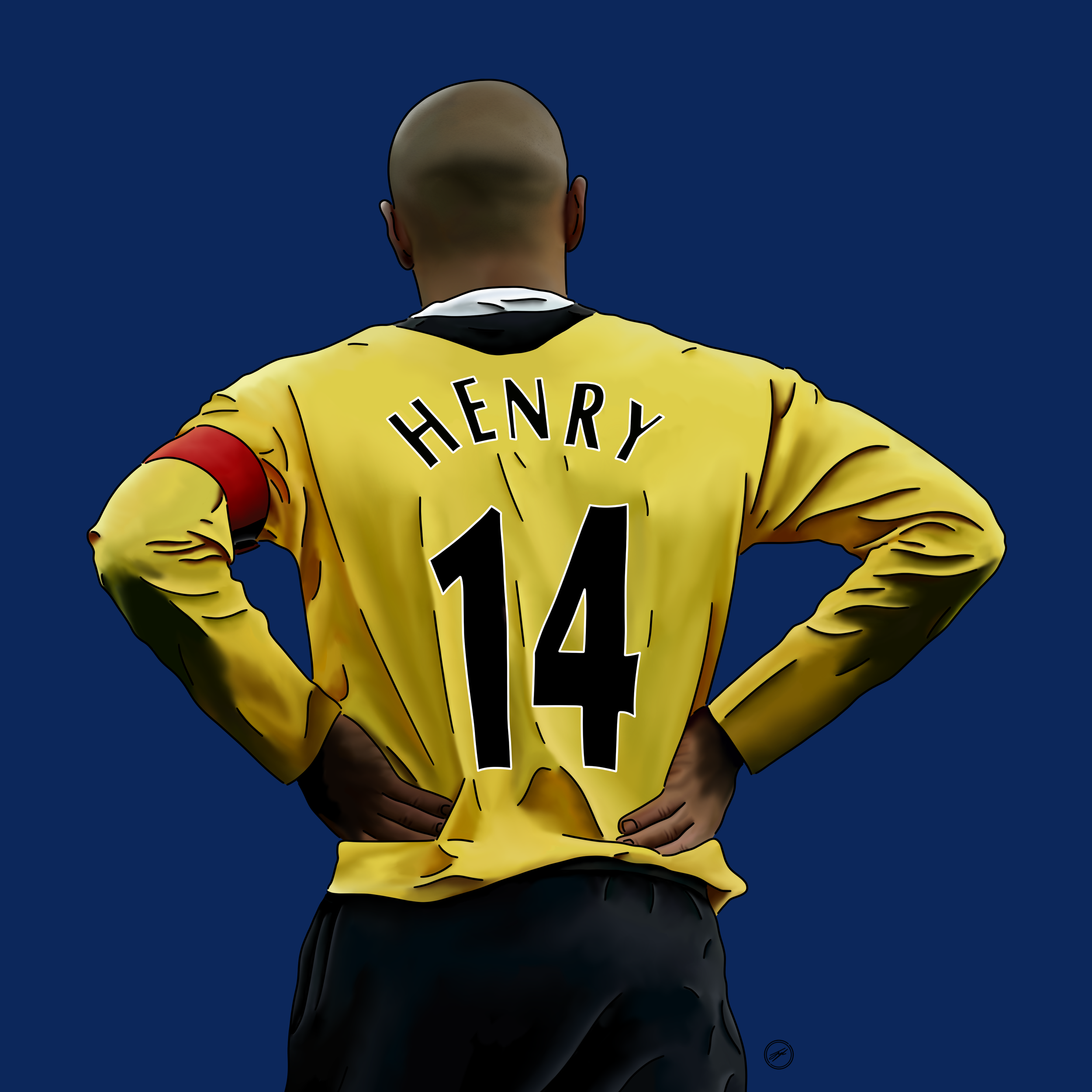 Back view of a soccer player wearing a yellow jersey with the name 'Henry' and the number 14, standing with hands on hips against a dark blue background.