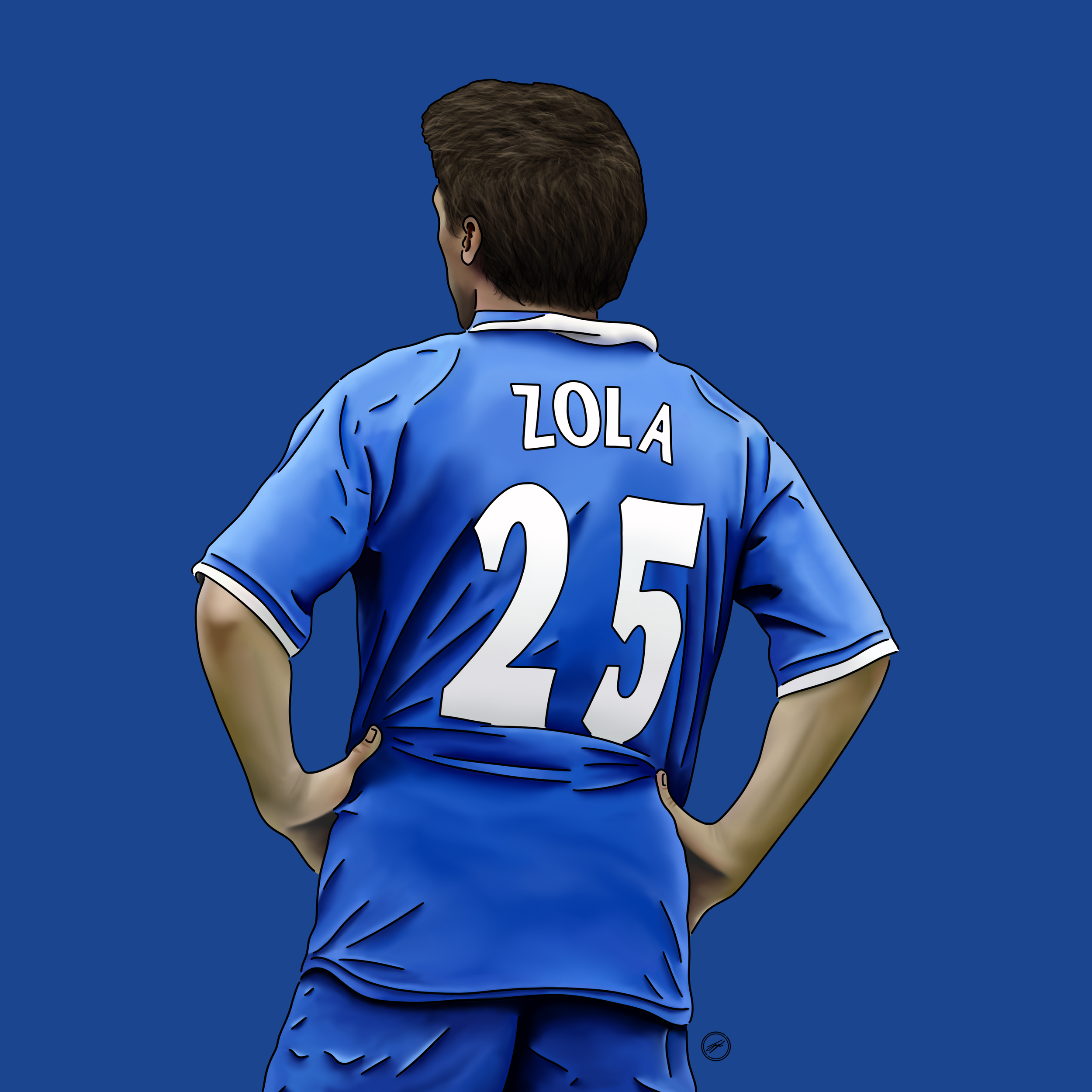 Digital illustration of a soccer player from behind, wearing a blue jersey with the name 'ZOLA' and the number 25 on the back, standing with hands on hips against a blue background.